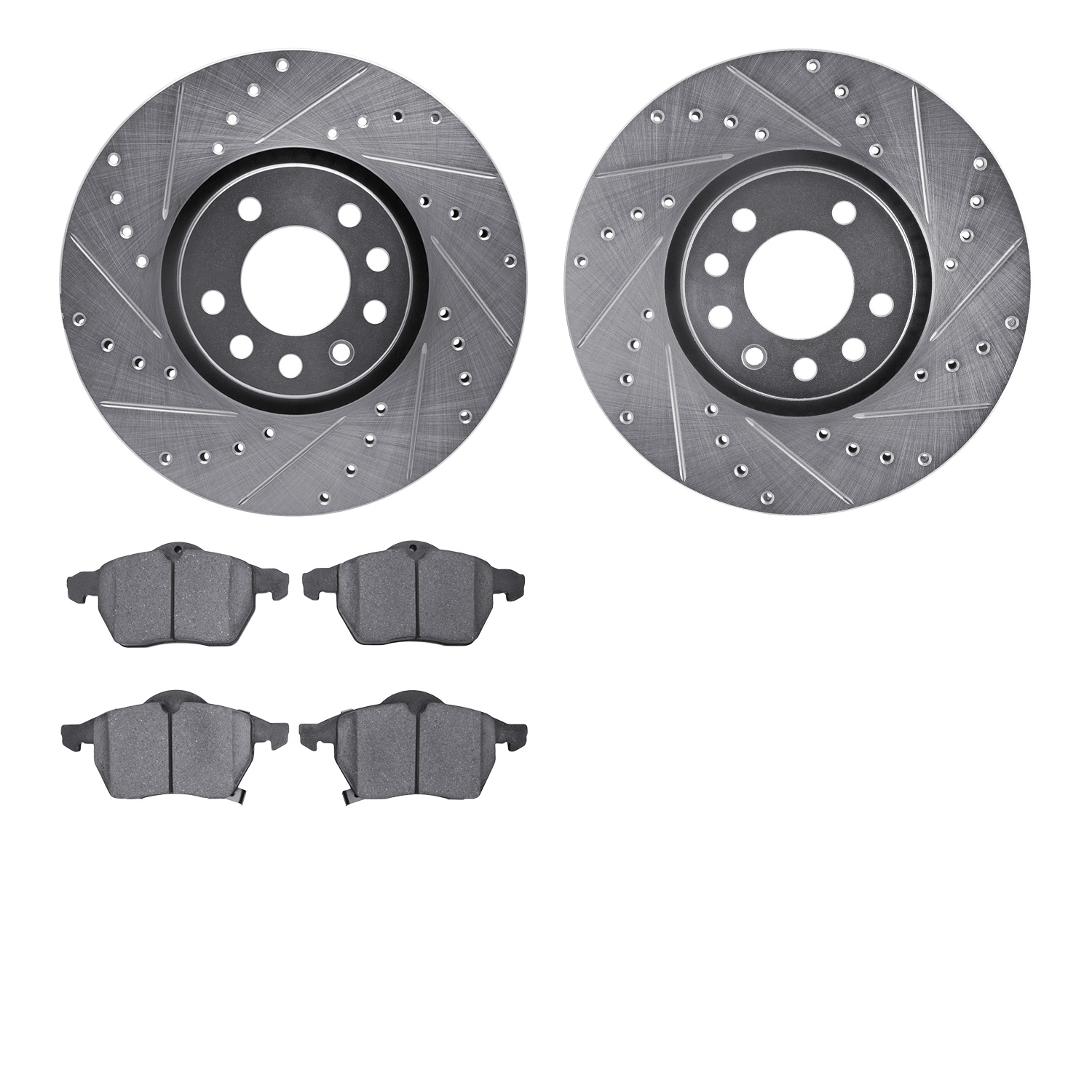 7602-65010 Drilled/Slotted Brake Rotors w/5000 Euro Ceramic Brake Pads Kit [Silver], 1999-2010 GM, Position: Front