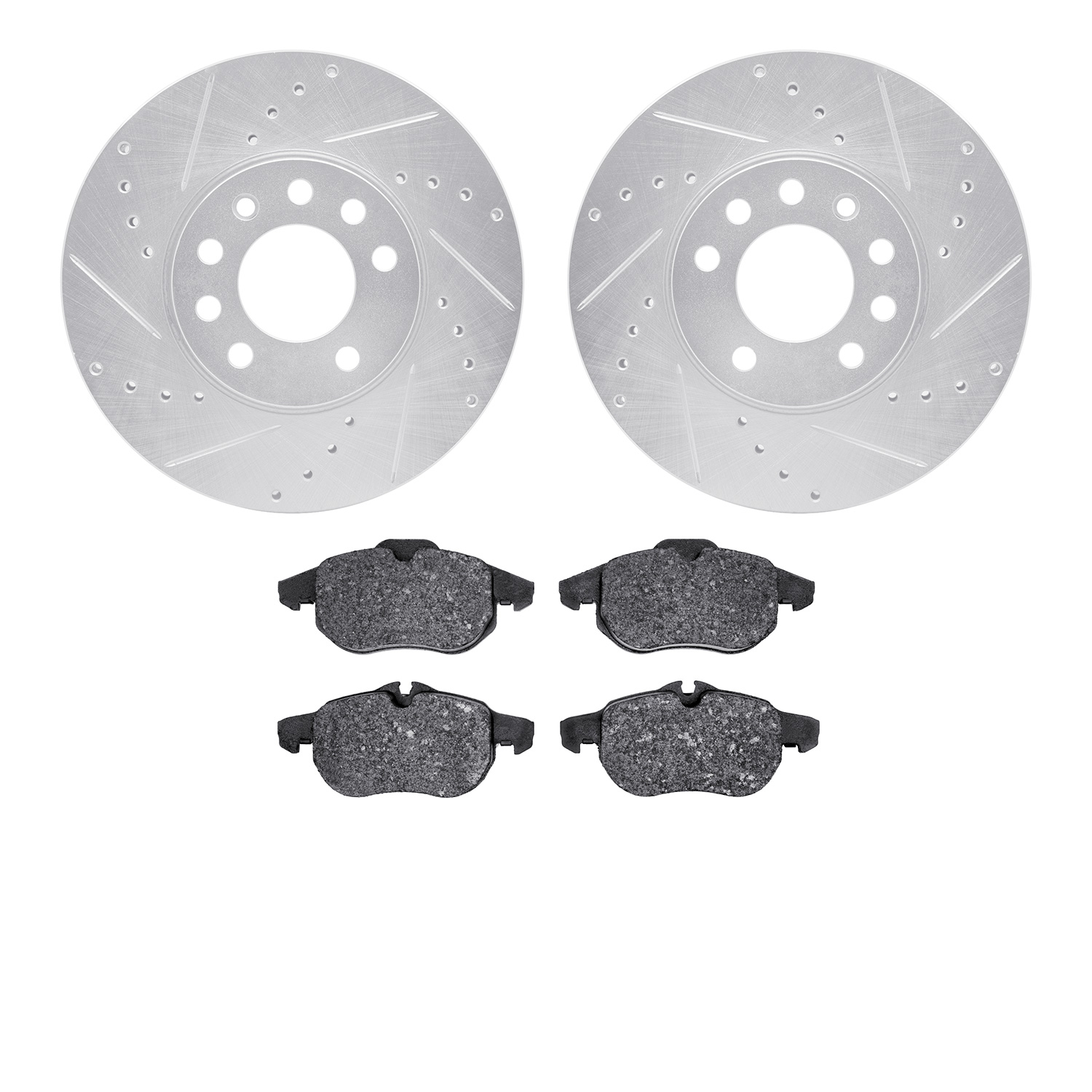 7602-65012 Drilled/Slotted Brake Rotors w/5000 Euro Ceramic Brake Pads Kit [Silver], 2003-2011 GM, Position: Front