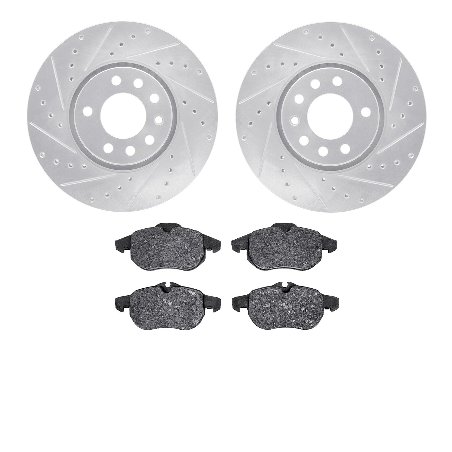 7602-65013 Drilled/Slotted Brake Rotors w/5000 Euro Ceramic Brake Pads Kit [Silver], 2003-2011 GM, Position: Front