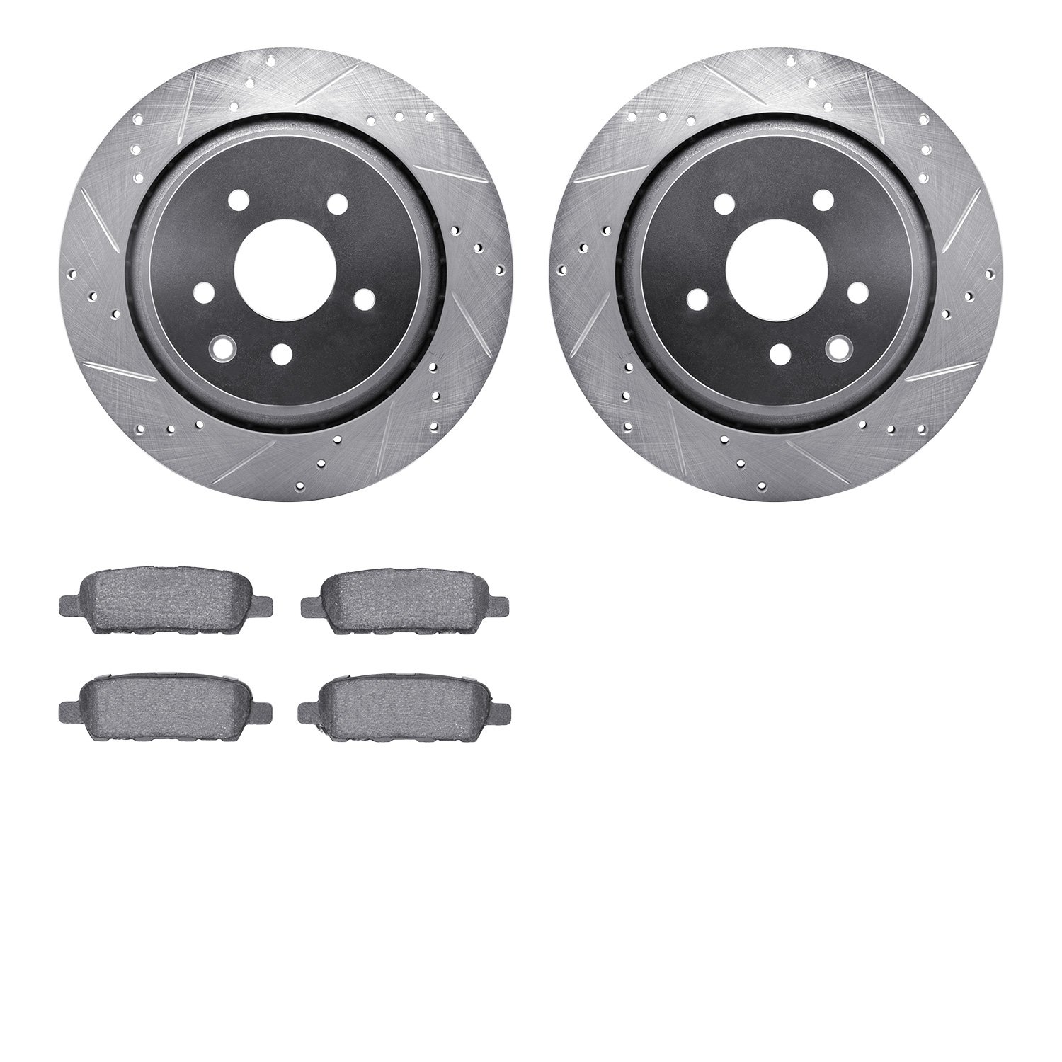 7602-68003 Drilled/Slotted Brake Rotors w/5000 Euro Ceramic Brake Pads Kit [Silver], 2007-2015 Infiniti/Nissan, Position: Rear