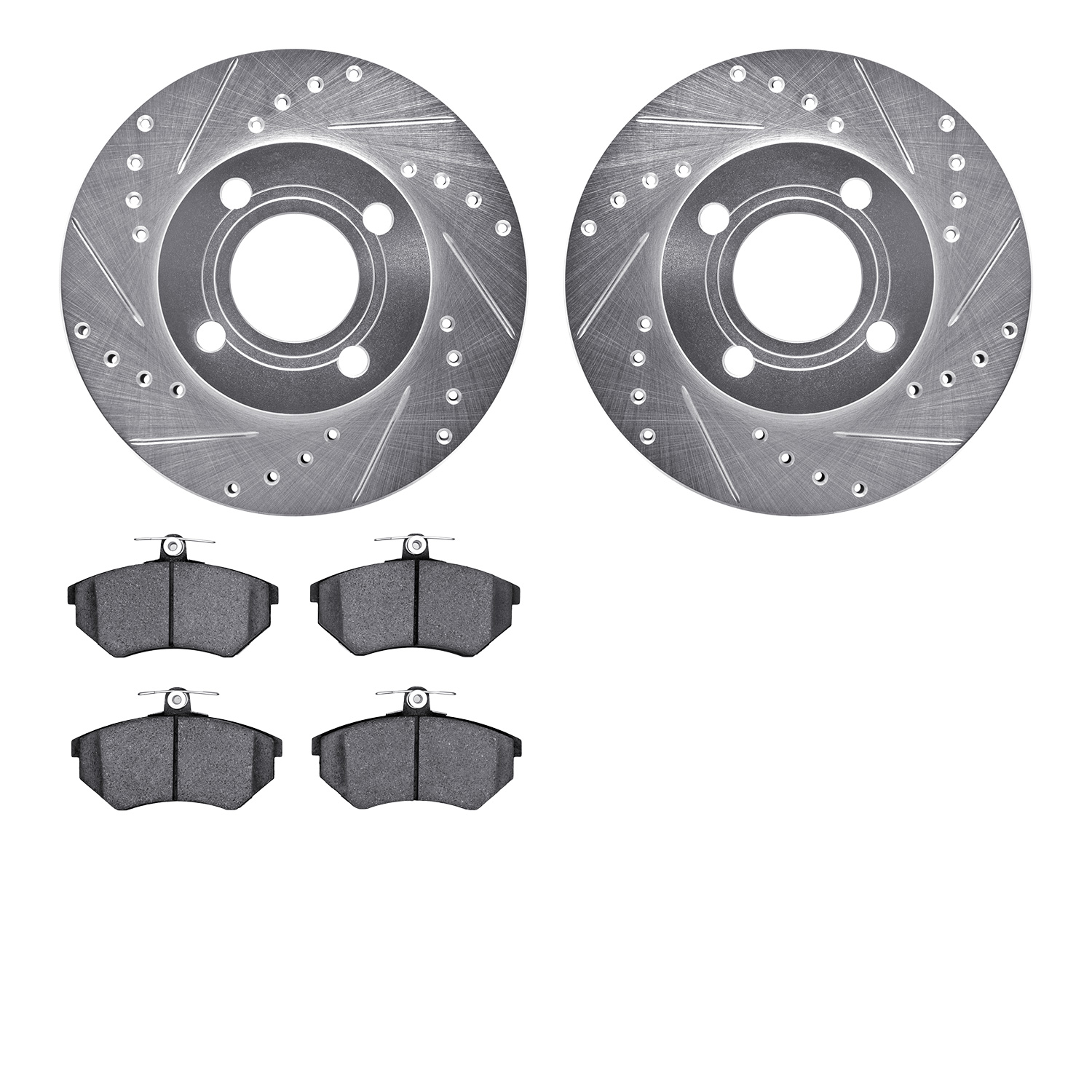 7602-73006 Drilled/Slotted Brake Rotors w/5000 Euro Ceramic Brake Pads Kit [Silver], 1984-1987 Audi/Volkswagen, Position: Front