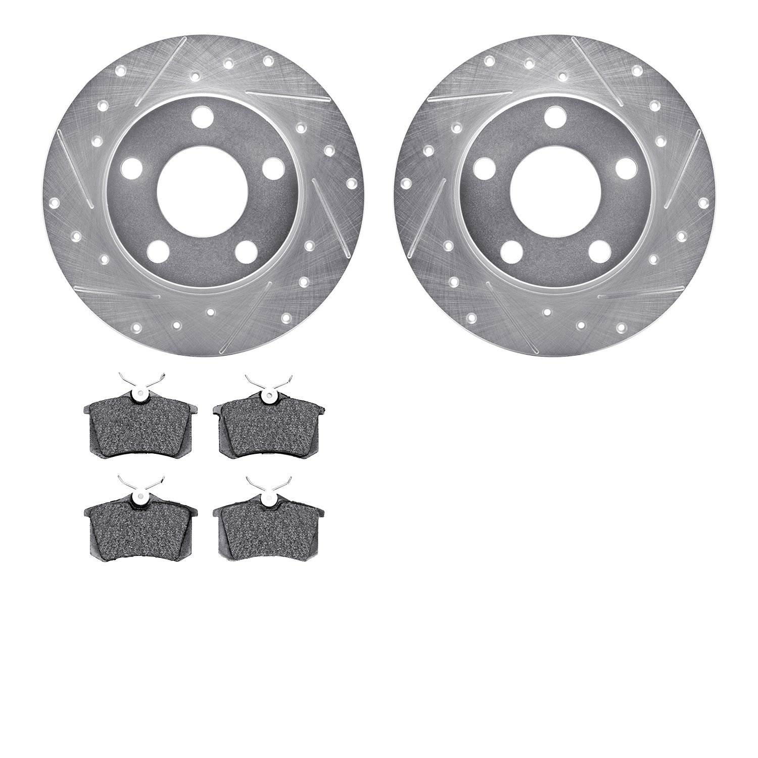 7602-73021 Drilled/Slotted Brake Rotors w/5000 Euro Ceramic Brake Pads Kit [Silver], 1999-2005 Audi/Volkswagen, Position: Rear