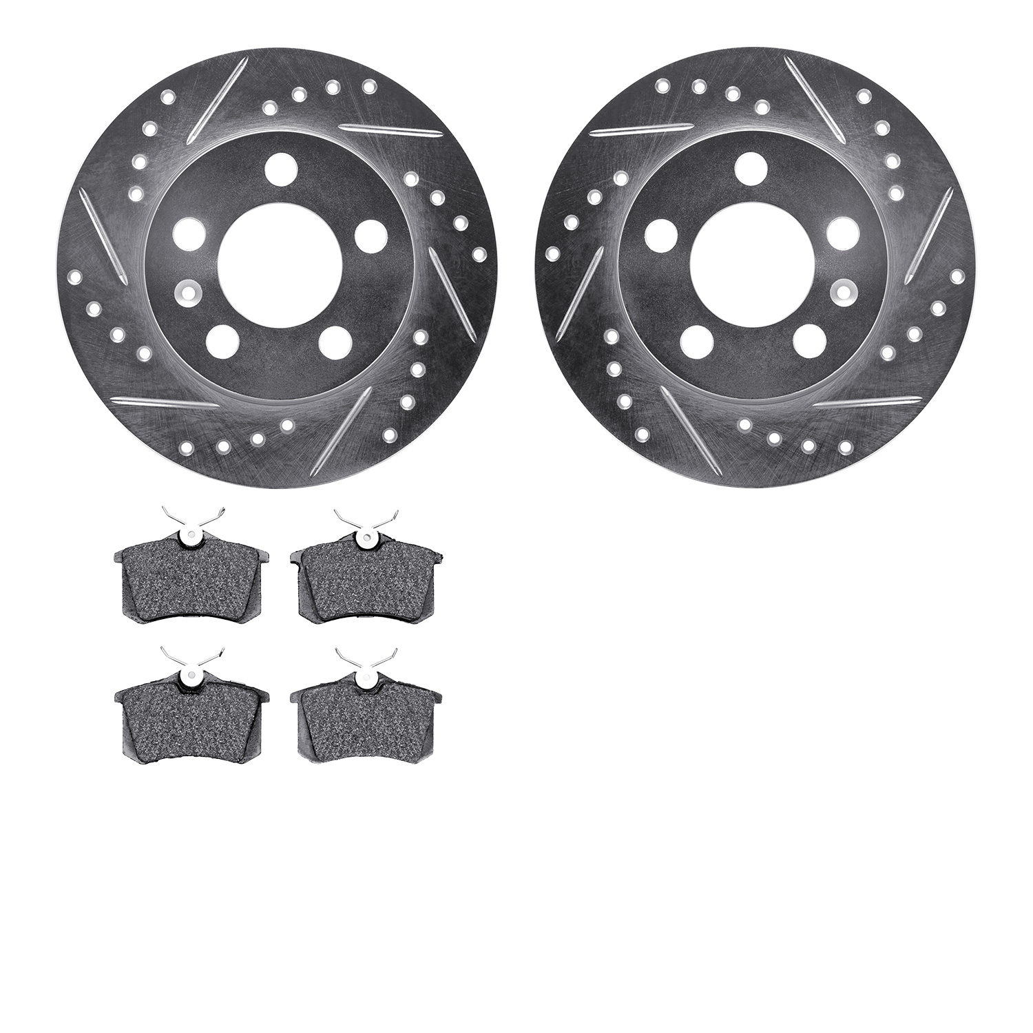 7602-73024 Drilled/Slotted Brake Rotors w/5000 Euro Ceramic Brake Pads Kit [Silver], 2001-2006 Audi/Volkswagen, Position: Rear