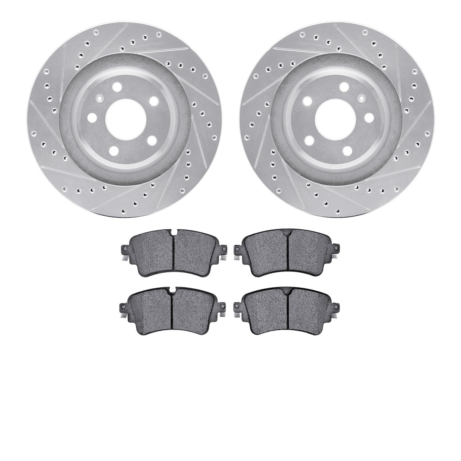 7602-73056 Drilled/Slotted Brake Rotors w/5000 Euro Ceramic Brake Pads Kit [Silver], 2016-2020 Audi/Volkswagen, Position: Rear