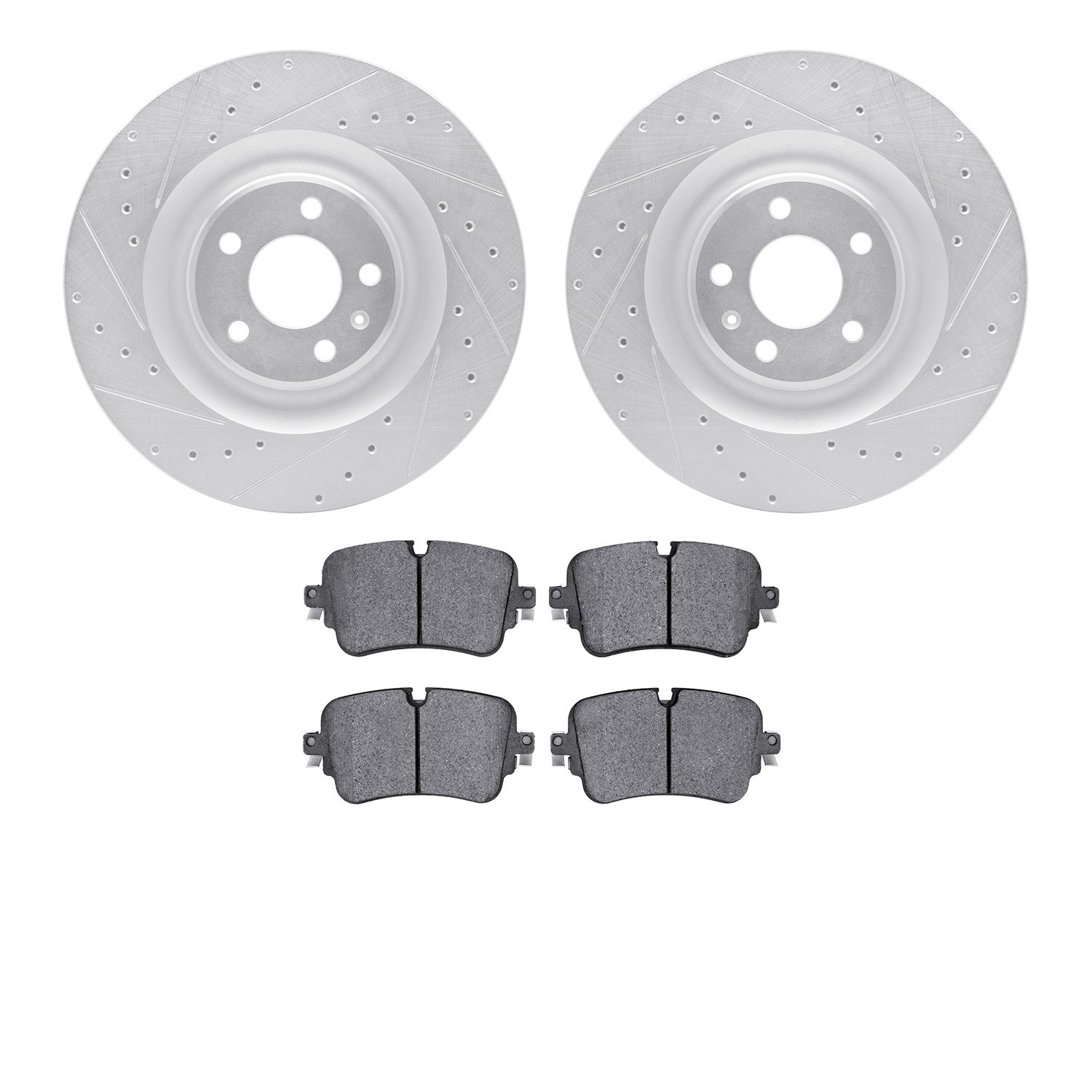 7602-73060 Drilled/Slotted Brake Rotors w/5000 Euro Ceramic Brake Pads Kit [Silver], 2017-2020 Audi/Volkswagen, Position: Rear
