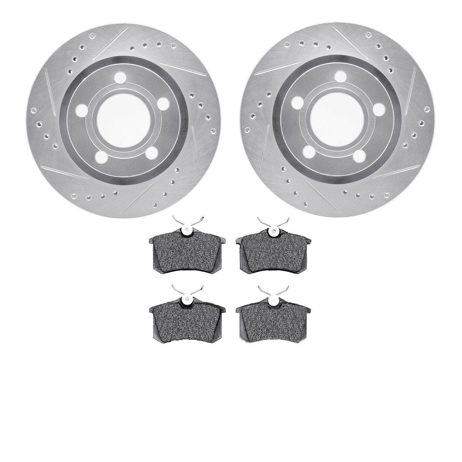 7602-74028 Drilled/Slotted Brake Rotors w/5000 Euro Ceramic Brake Pads Kit [Silver], 1999-2005 Audi/Volkswagen, Position: Rear