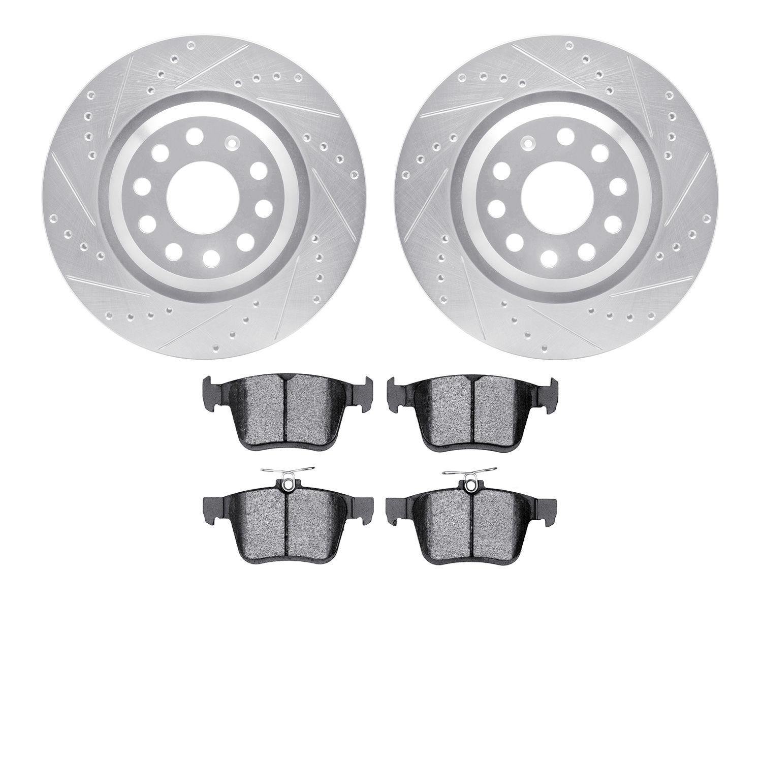 7602-74037 Drilled/Slotted Brake Rotors w/5000 Euro Ceramic Brake Pads Kit [Silver], Fits Select Audi/Volkswagen, Position: Rear