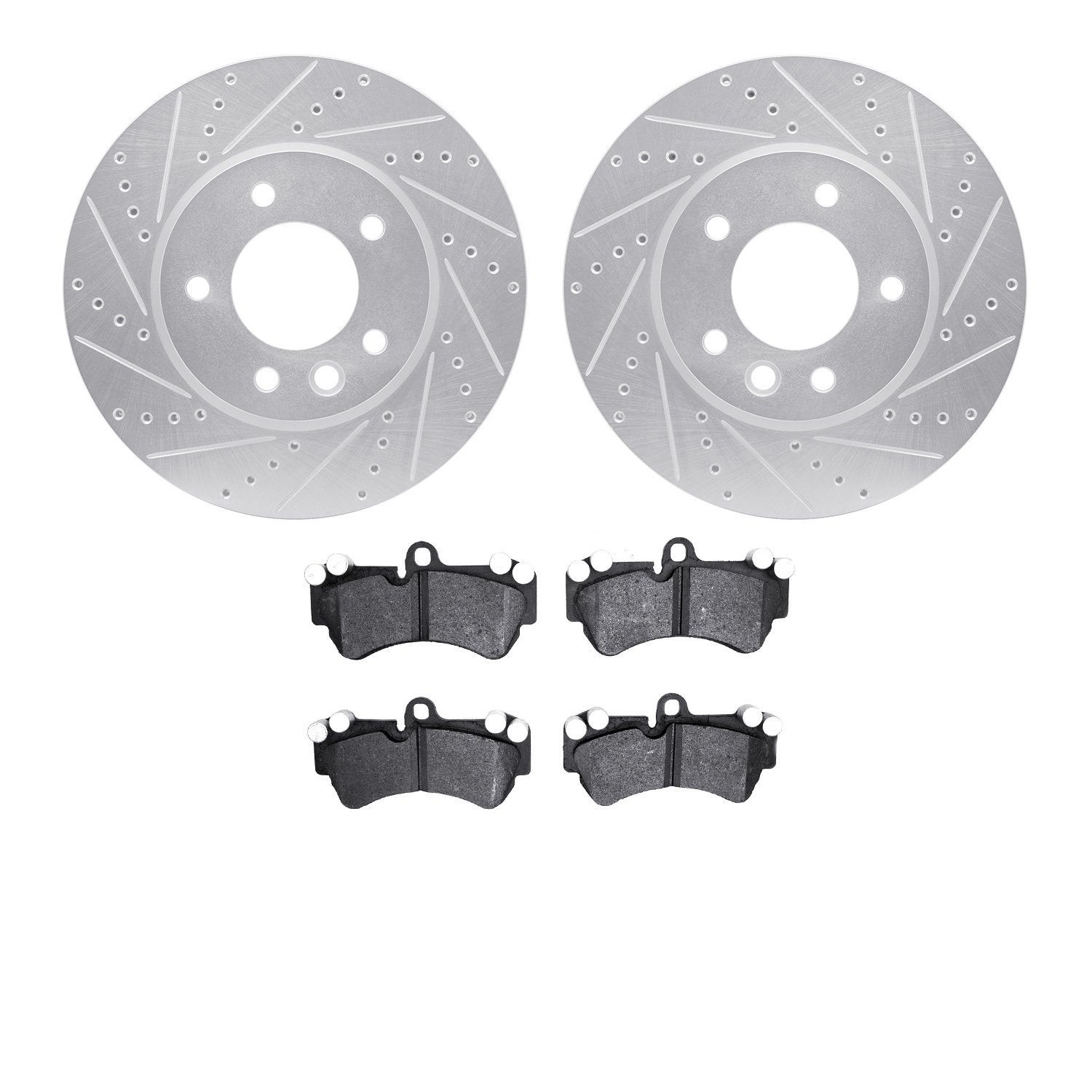 7602-74050 Drilled/Slotted Brake Rotors w/5000 Euro Ceramic Brake Pads Kit [Silver], 2003-2010 Multiple Makes/Models, Position: