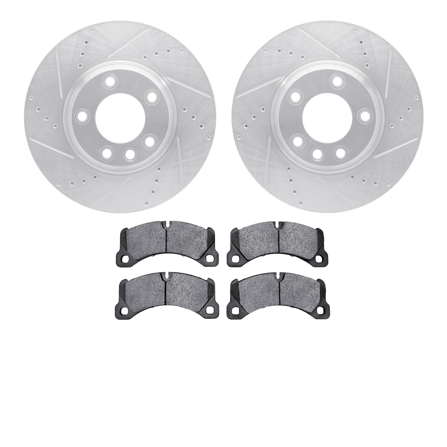 7602-74053 Drilled/Slotted Brake Rotors w/5000 Euro Ceramic Brake Pads Kit [Silver], 2011-2014 Porsche, Position: Front