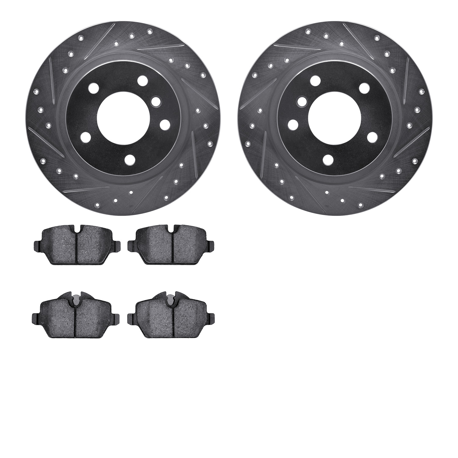 7602-92002 Drilled/Slotted Brake Rotors w/5000 Euro Ceramic Brake Pads Kit [Silver], 2005-2012 BMW, Position: Rear