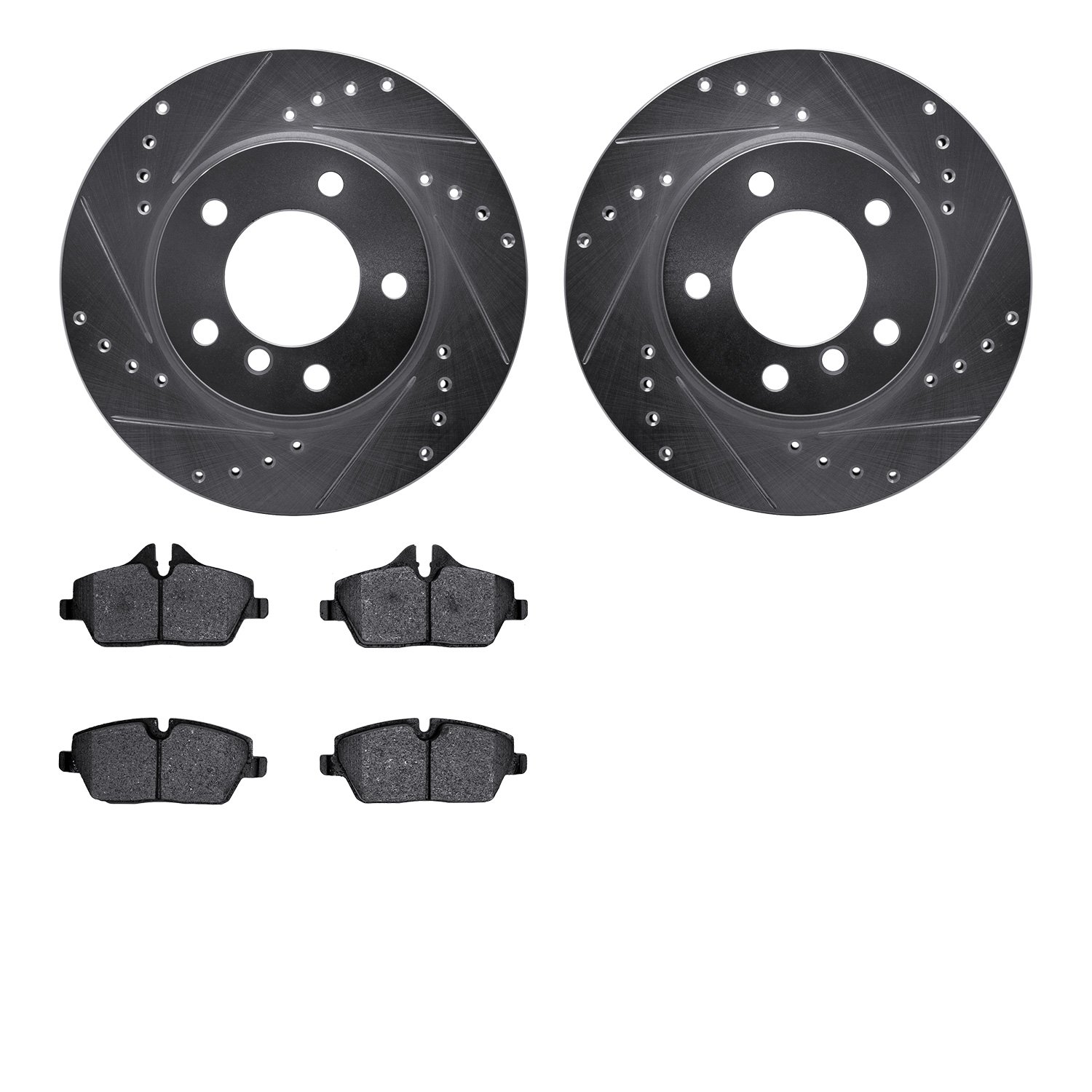 7602-92003 Drilled/Slotted Brake Rotors w/5000 Euro Ceramic Brake Pads Kit [Silver], 2006-2007 BMW, Position: Front