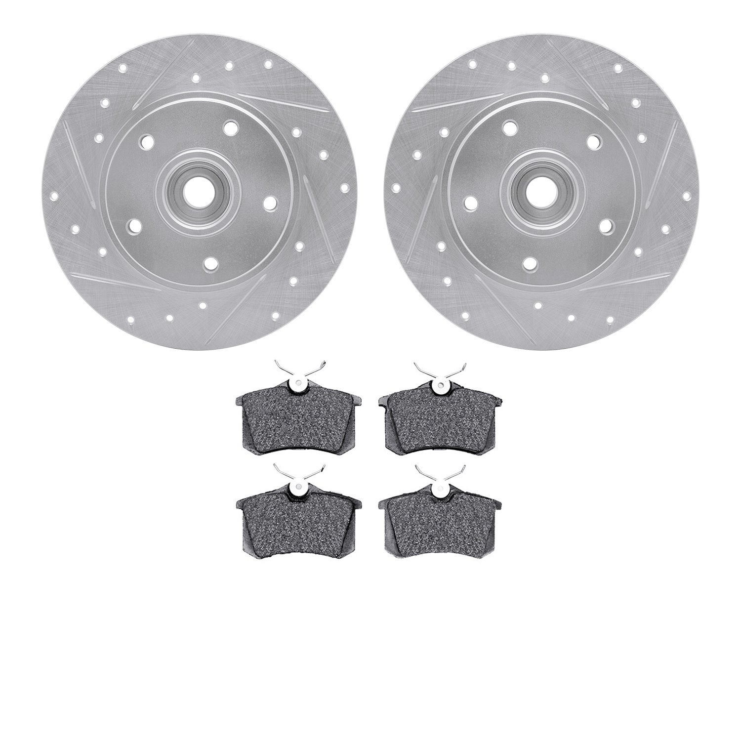 7602-92006 Drilled/Slotted Brake Rotors w/5000 Euro Ceramic Brake Pads Kit [Silver], 2011-2015 Renault, Position: Rear