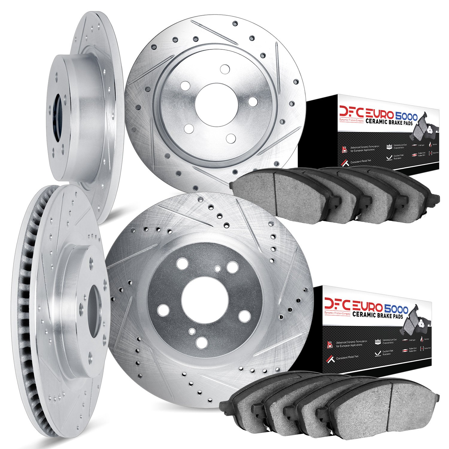 7604-07002 Drilled/Slotted Brake Rotors w/5000 Euro Ceramic Brake Pads Kit [Silver], 2014-2019 Mopar, Position: Front and Rear