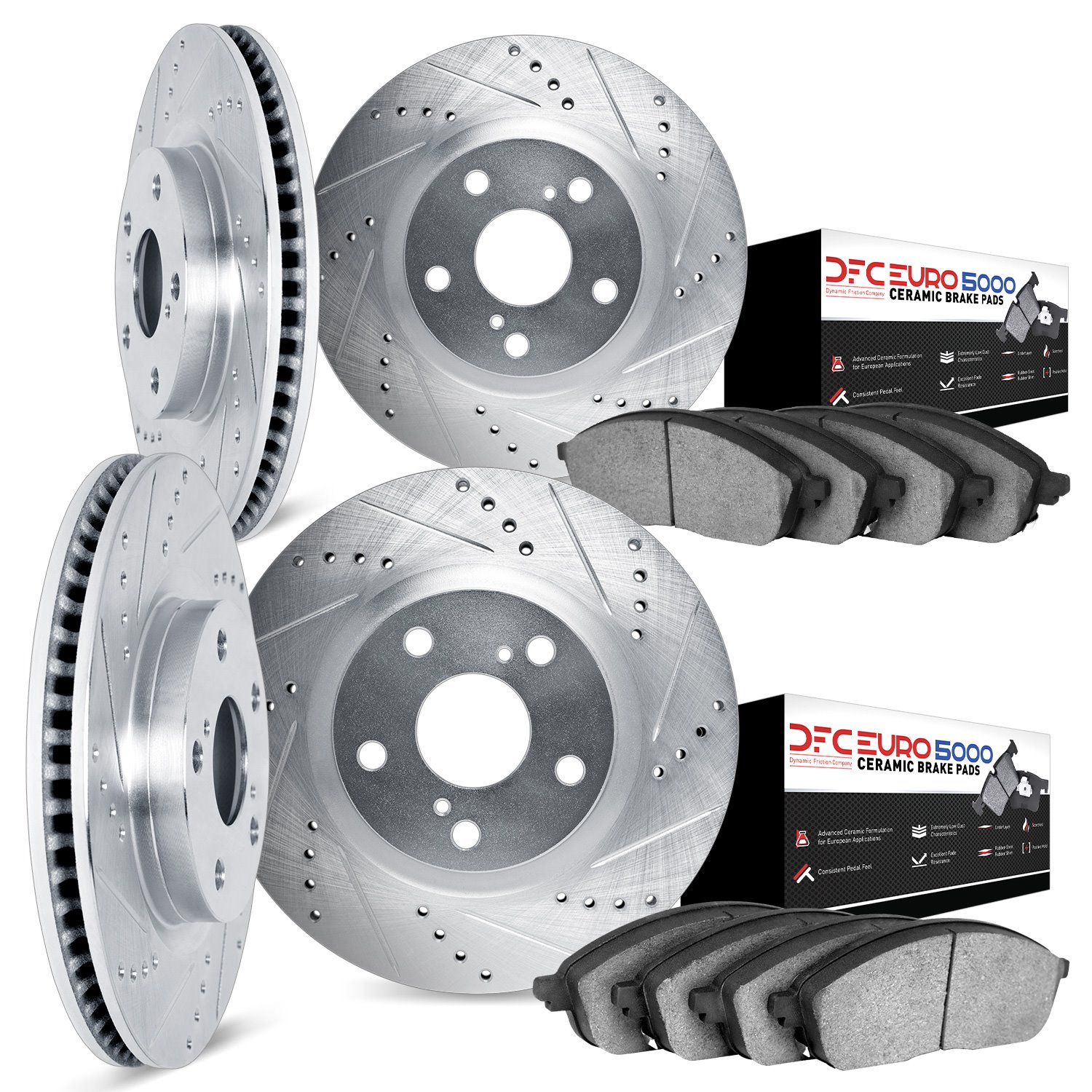 7604-20006 Drilled/Slotted Brake Rotors w/5000 Euro Ceramic Brake Pads Kit [Silver], 2014-2021 Jaguar, Position: Front and Rear