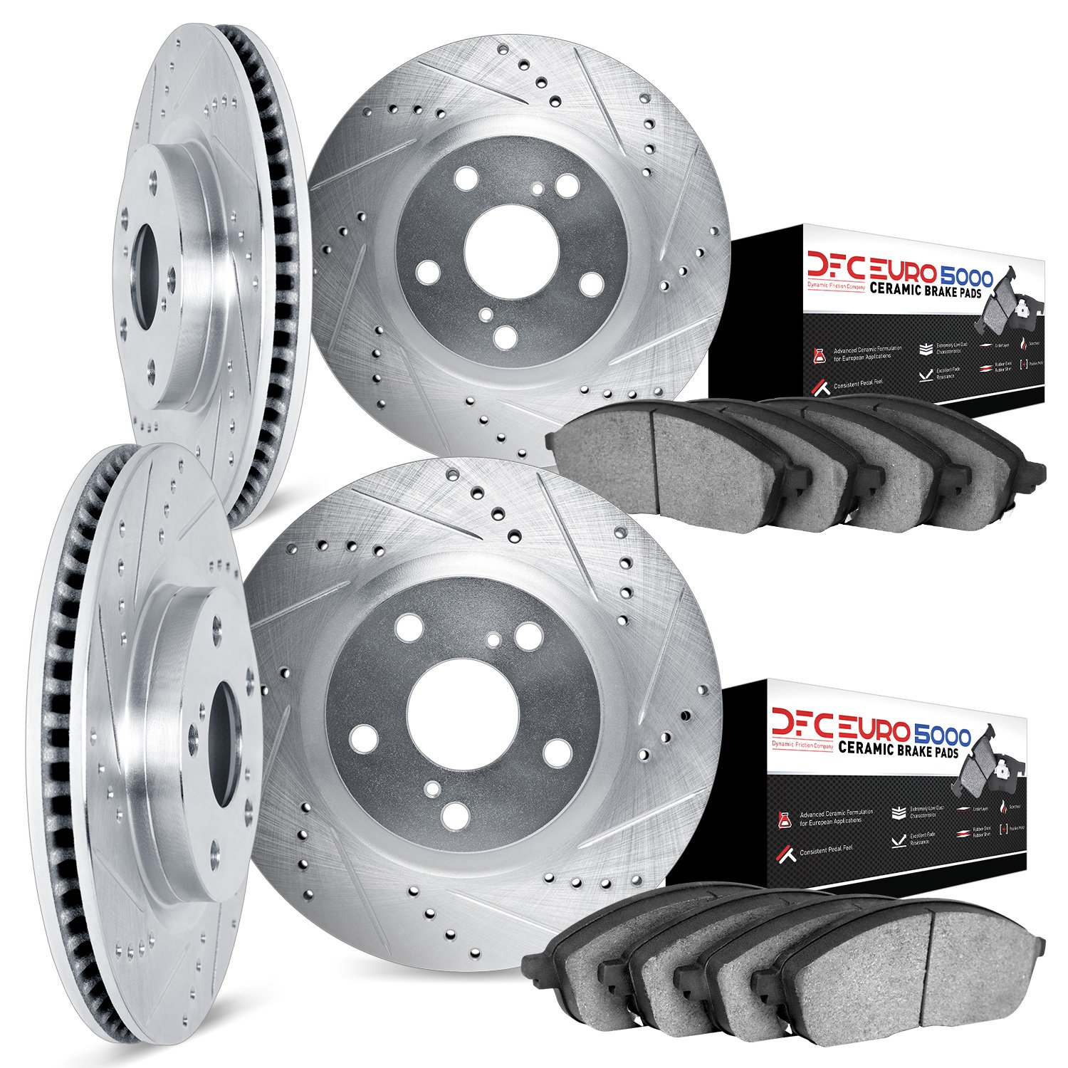 7604-20011 Drilled/Slotted Brake Rotors w/5000 Euro Ceramic Brake Pads Kit [Silver], 2017-2019 Multiple Makes/Models, Position: