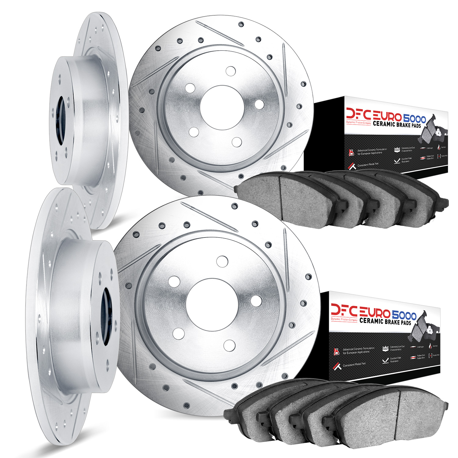 7604-27000 Drilled/Slotted Brake Rotors w/5000 Euro Ceramic Brake Pads Kit [Silver], 1975-1987 Volvo, Position: Front and Rear