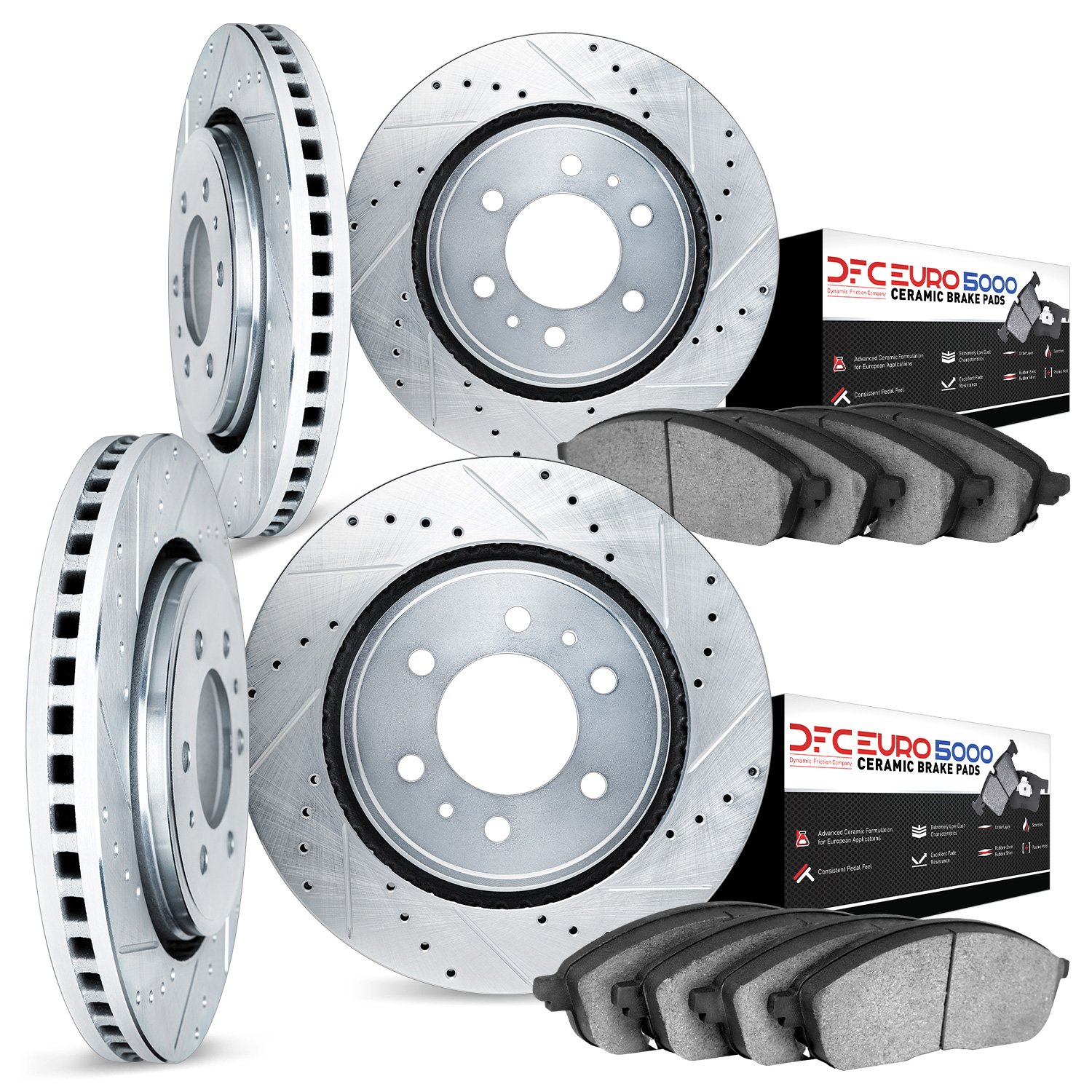 7604-46003 Drilled/Slotted Brake Rotors w/5000 Euro Ceramic Brake Pads Kit [Silver], 2004-2009 GM, Position: Front and Rear