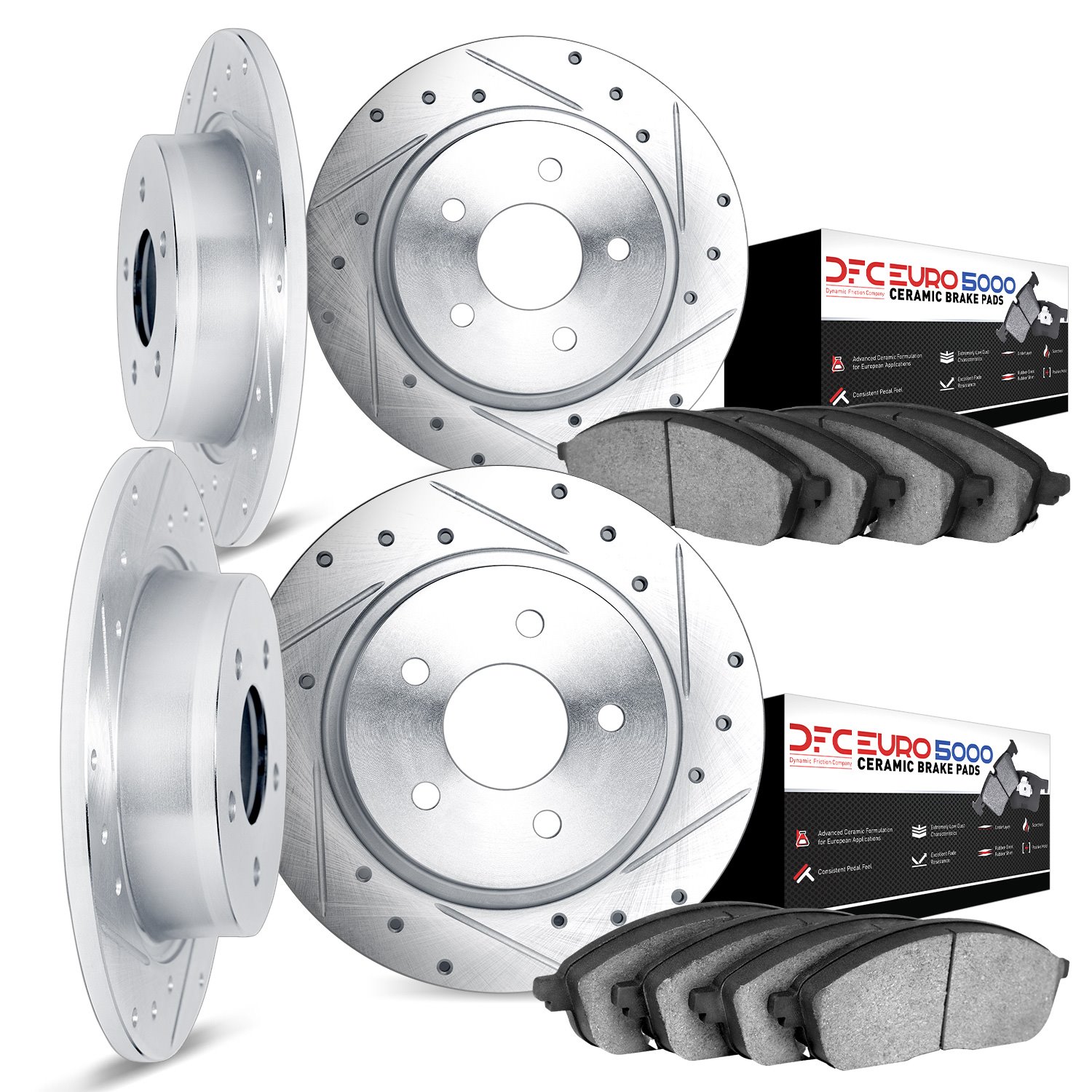 7604-63004 Drilled/Slotted Brake Rotors w/5000 Euro Ceramic Brake Pads Kit [Silver], 1965-1973 Mercedes-Benz, Position: Front an