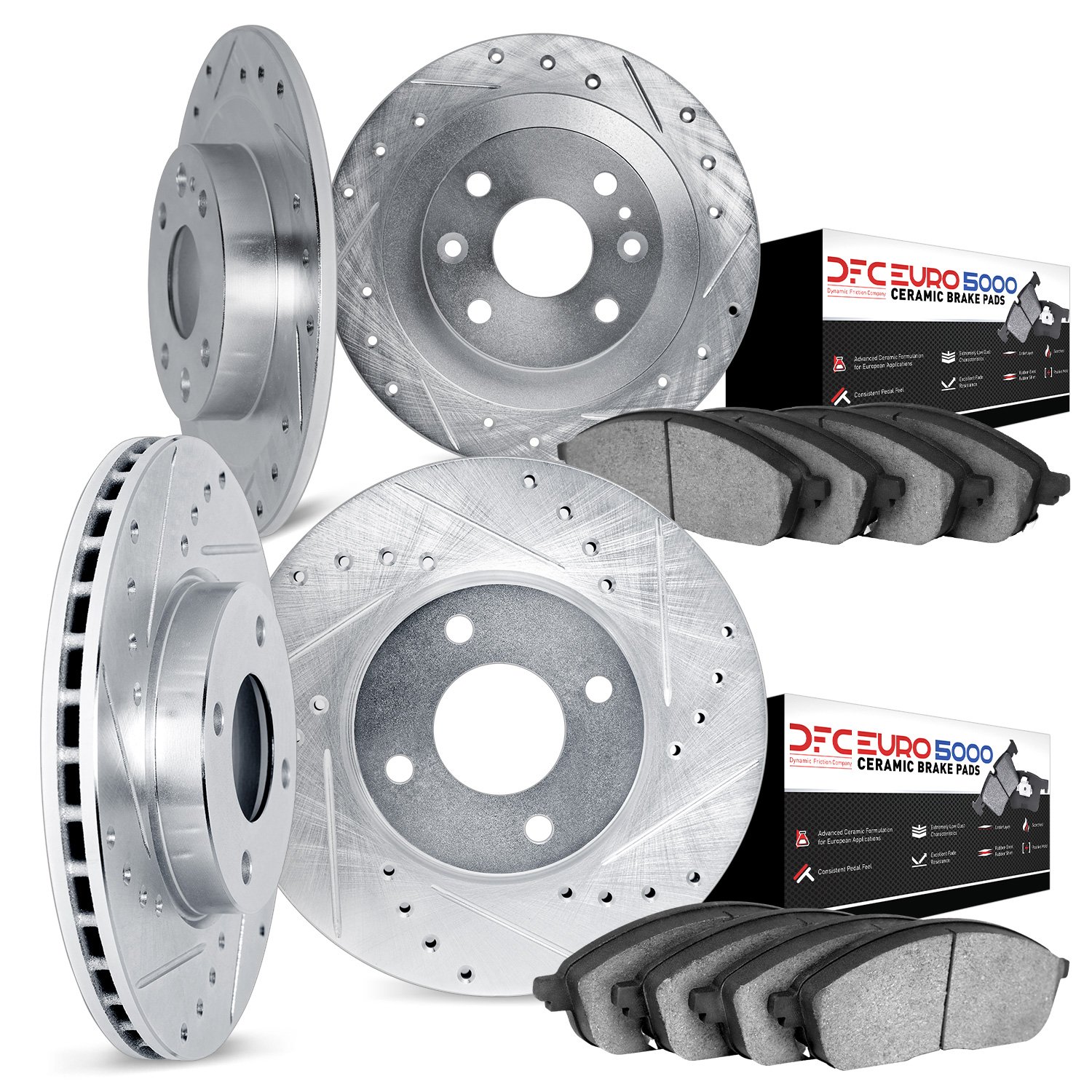 7604-65000 Drilled/Slotted Brake Rotors w/5000 Euro Ceramic Brake Pads Kit [Silver], 1988-1998 GM, Position: Front and Rear
