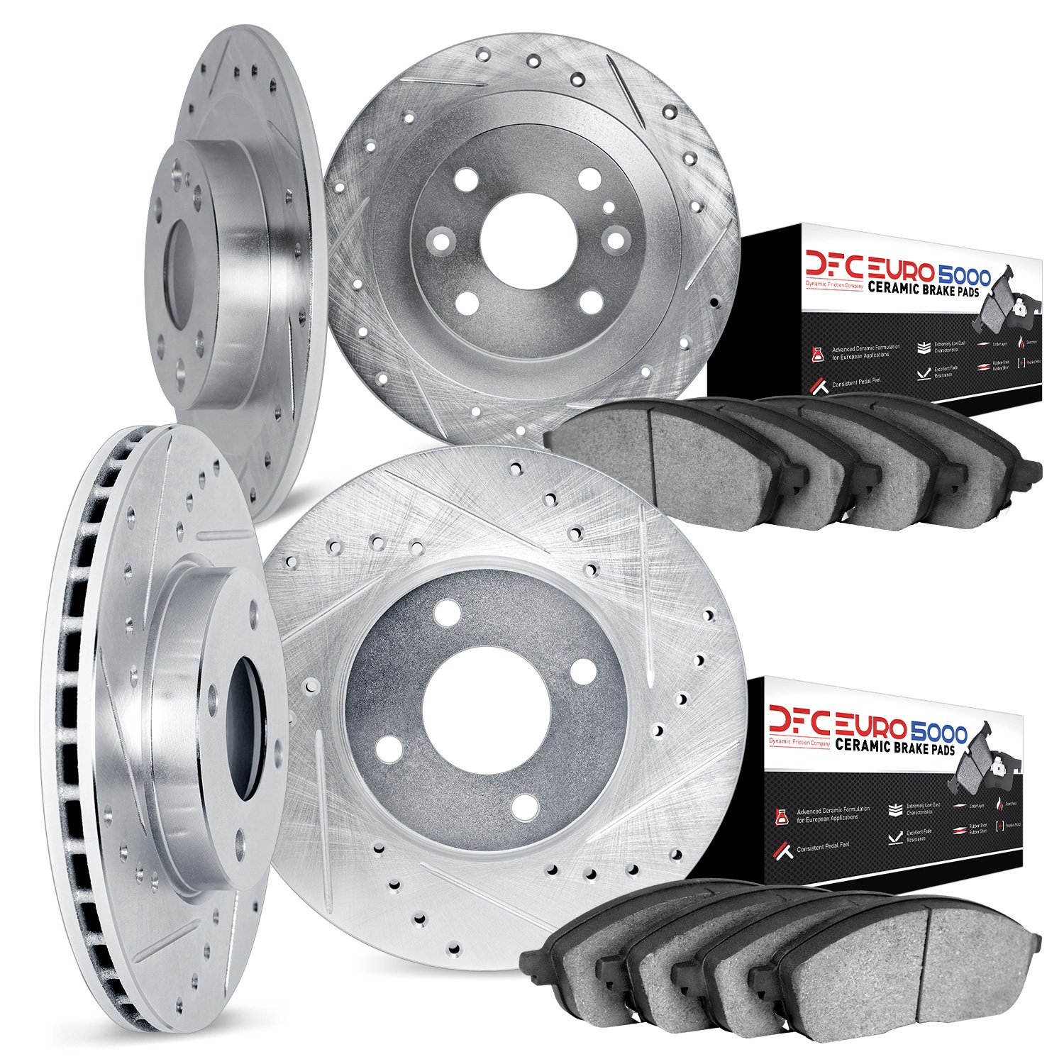 7604-73002 Drilled/Slotted Brake Rotors w/5000 Euro Ceramic Brake Pads Kit [Silver], 1989-1991 Audi/Volkswagen, Position: Front