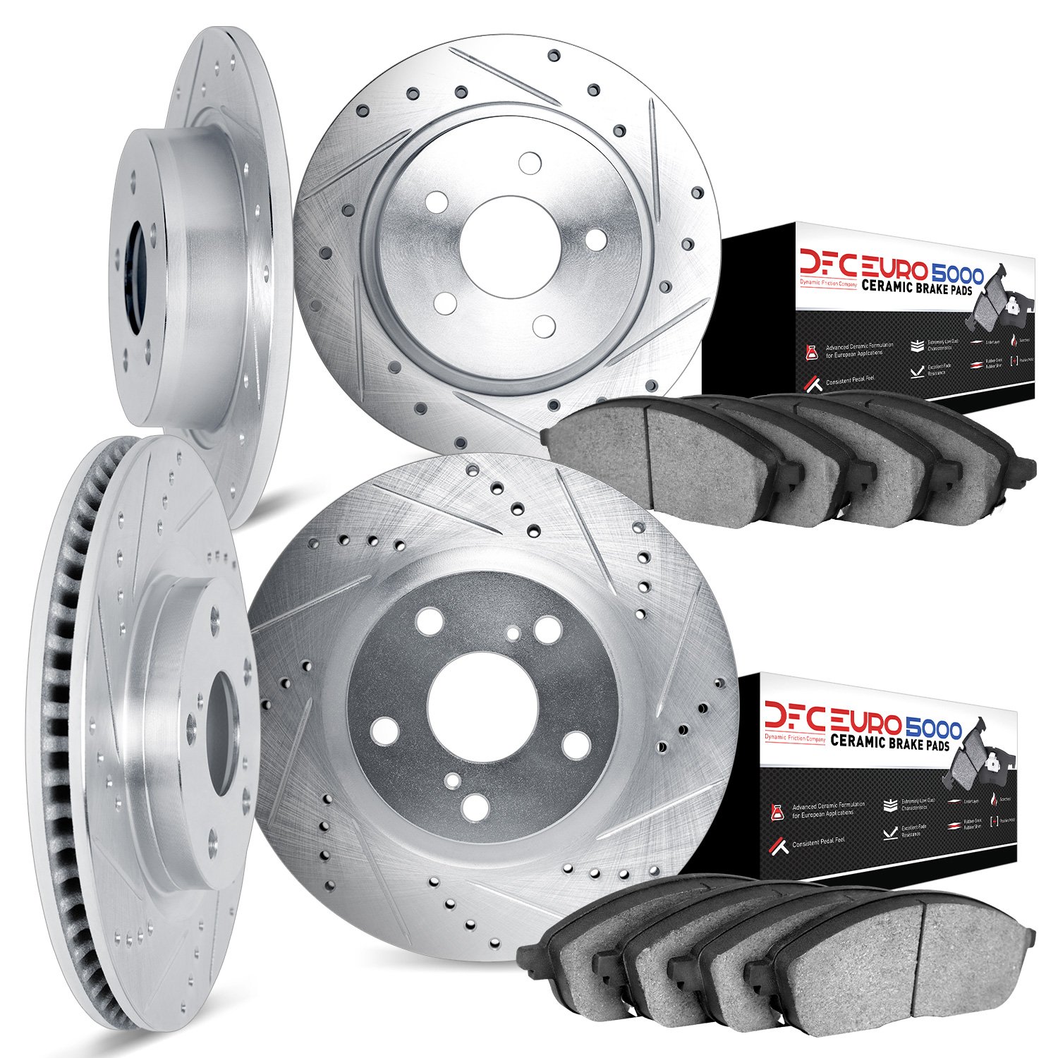 7604-74000 Drilled/Slotted Brake Rotors w/5000 Euro Ceramic Brake Pads Kit [Silver], 1998-2015 Audi/Volkswagen, Position: Front