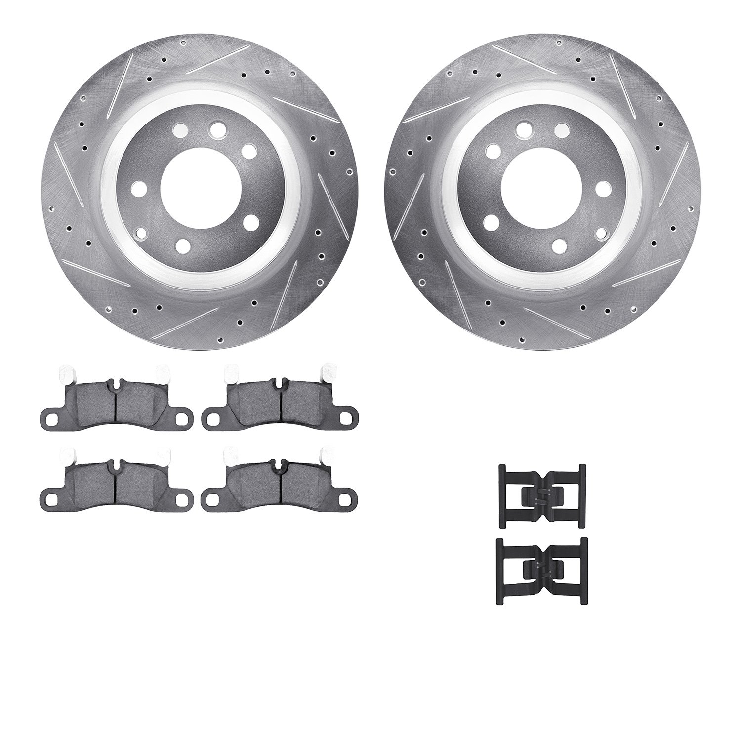 7612-02011 Drilled/Slotted Brake Rotors w/5000 Euro Ceramic Brake Pads Kit & Hardware [Silver], 2011-2018 Porsche, Position: Rea