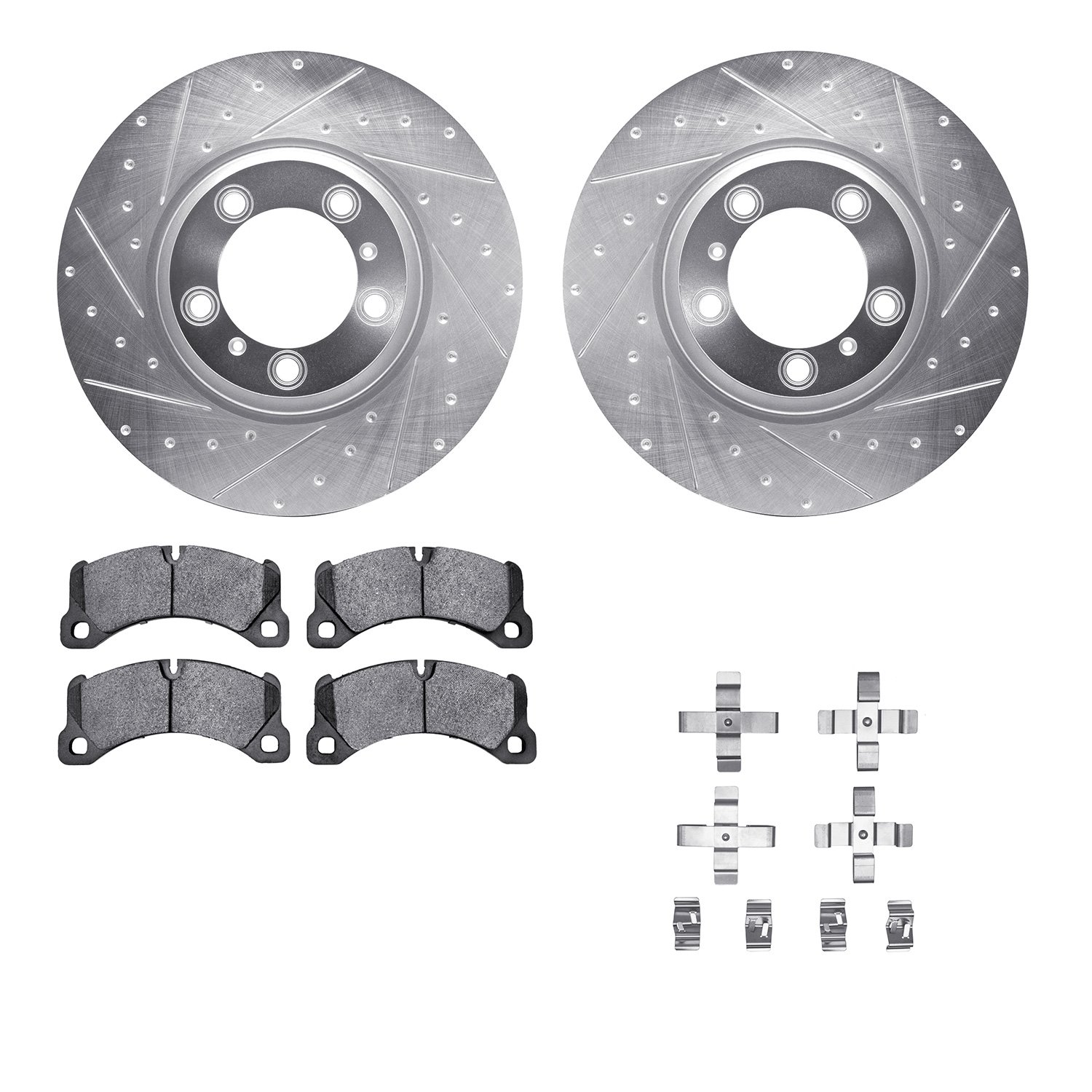 7612-02016 Drilled/Slotted Brake Rotors w/5000 Euro Ceramic Brake Pads Kit & Hardware [Silver], 2017-2020 Porsche, Position: Fro