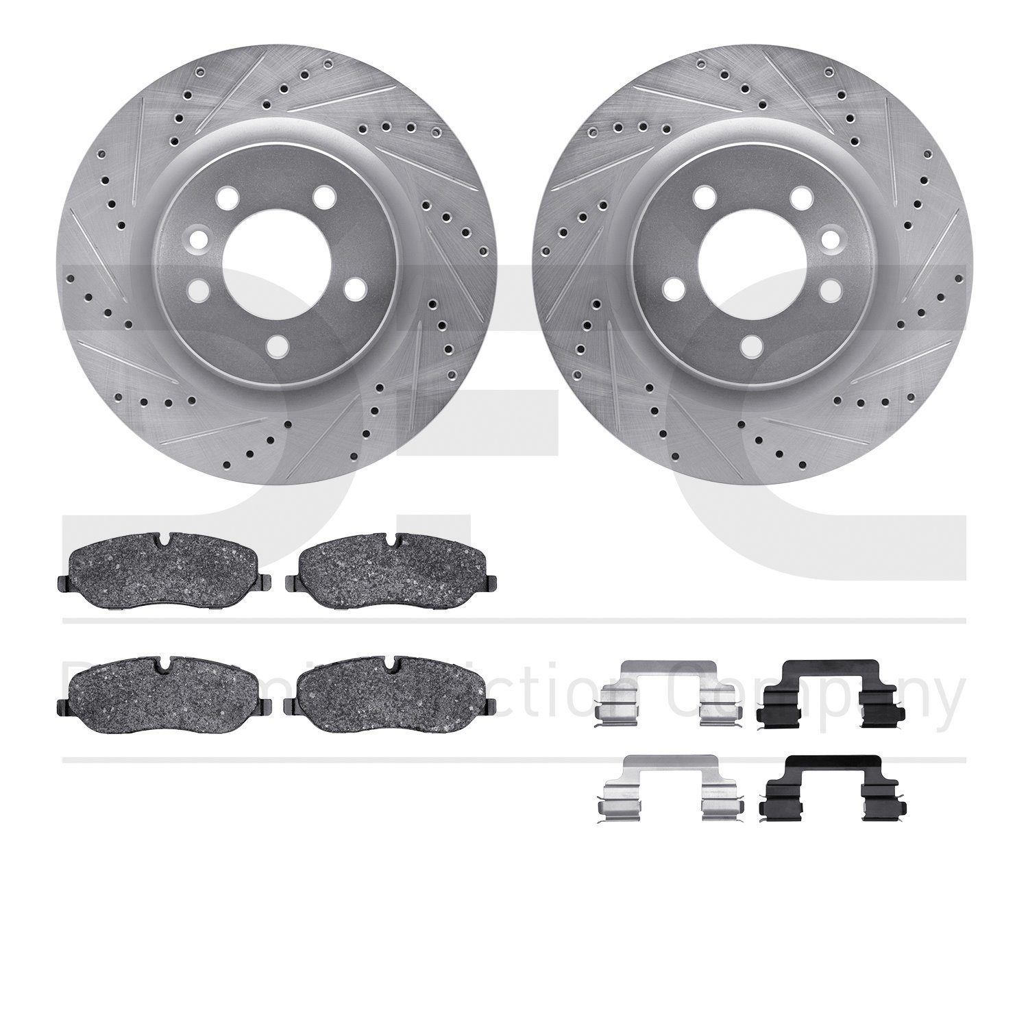 7612-11005 Drilled/Slotted Brake Rotors w/5000 Euro Ceramic Brake Pads Kit & Hardware [Silver], 2005-2009 Land Rover, Position: