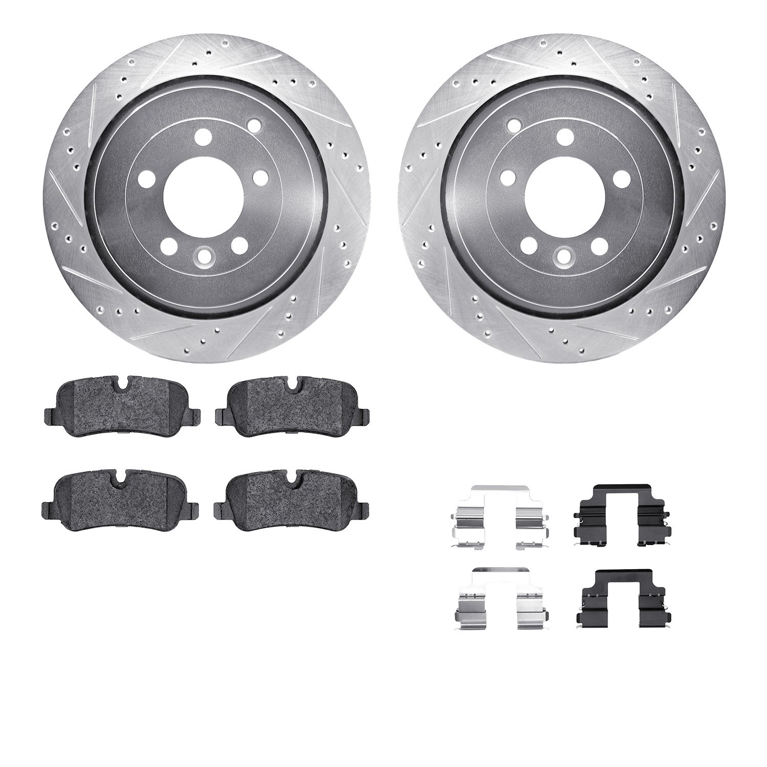 7612-11007 Drilled/Slotted Brake Rotors w/5000 Euro Ceramic Brake Pads Kit & Hardware [Silver], 2010-2013 Land Rover, Position: