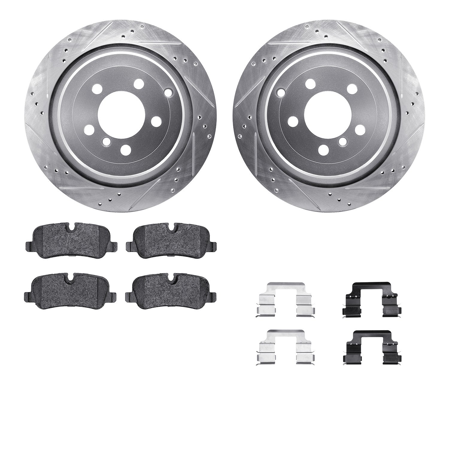 7612-11015 Drilled/Slotted Brake Rotors w/5000 Euro Ceramic Brake Pads Kit & Hardware [Silver], 2006-2012 Land Rover, Position: