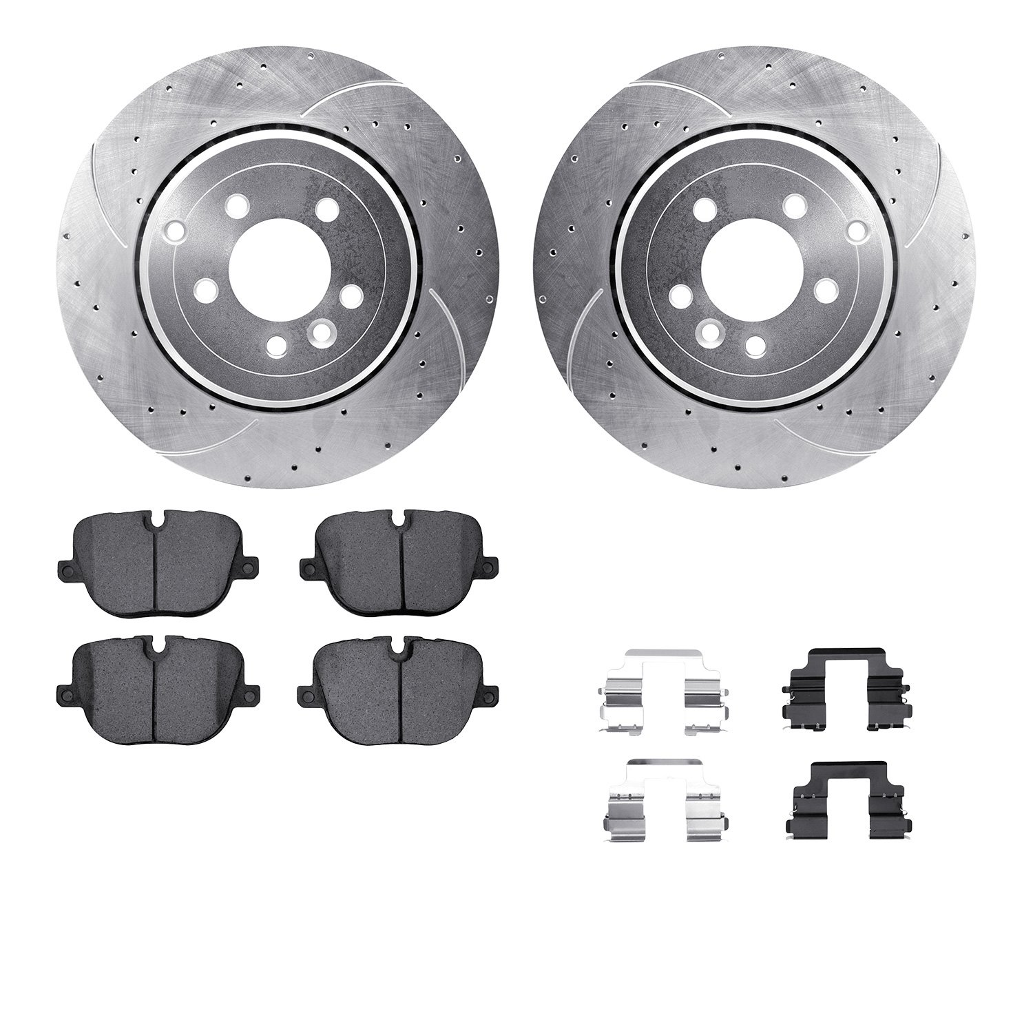 7612-11019 Drilled/Slotted Brake Rotors w/5000 Euro Ceramic Brake Pads Kit & Hardware [Silver], 2010-2013 Land Rover, Position: