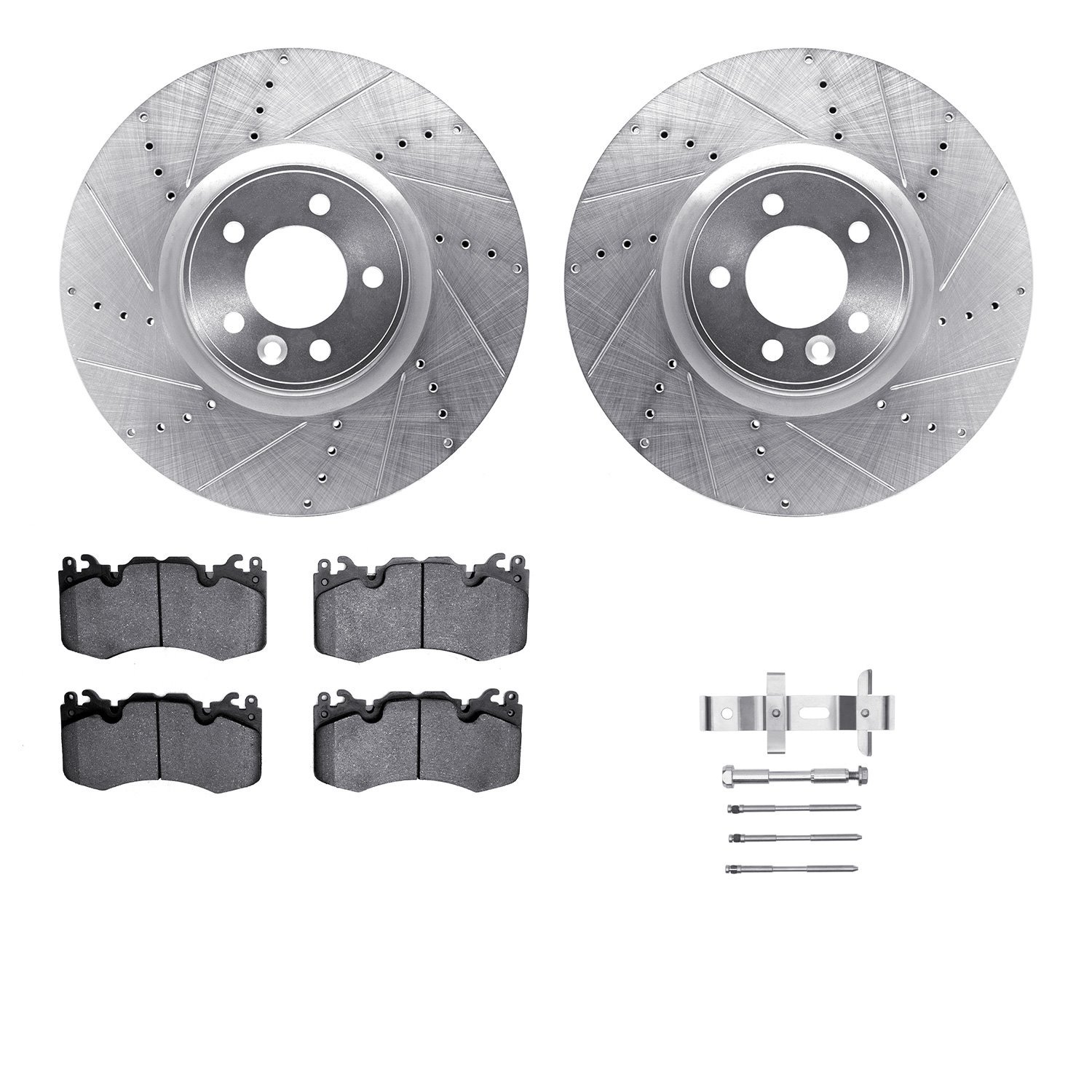 7612-11020 Drilled/Slotted Brake Rotors w/5000 Euro Ceramic Brake Pads Kit & Hardware [Silver], 2010-2017 Land Rover, Position: