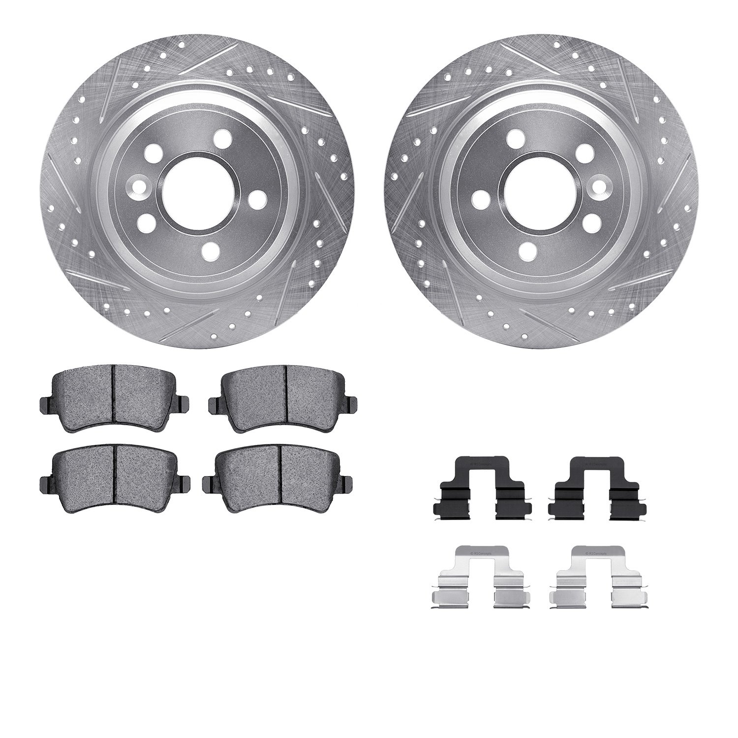7612-11021 Drilled/Slotted Brake Rotors w/5000 Euro Ceramic Brake Pads Kit & Hardware [Silver], 2012-2015 Land Rover, Position:
