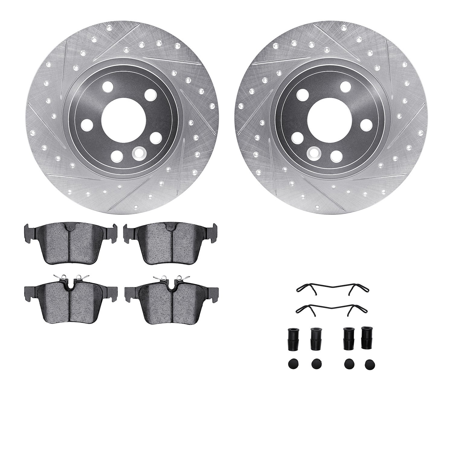 7612-11026 Drilled/Slotted Brake Rotors w/5000 Euro Ceramic Brake Pads Kit & Hardware [Silver], 2015-2020 Multiple Makes/Models,