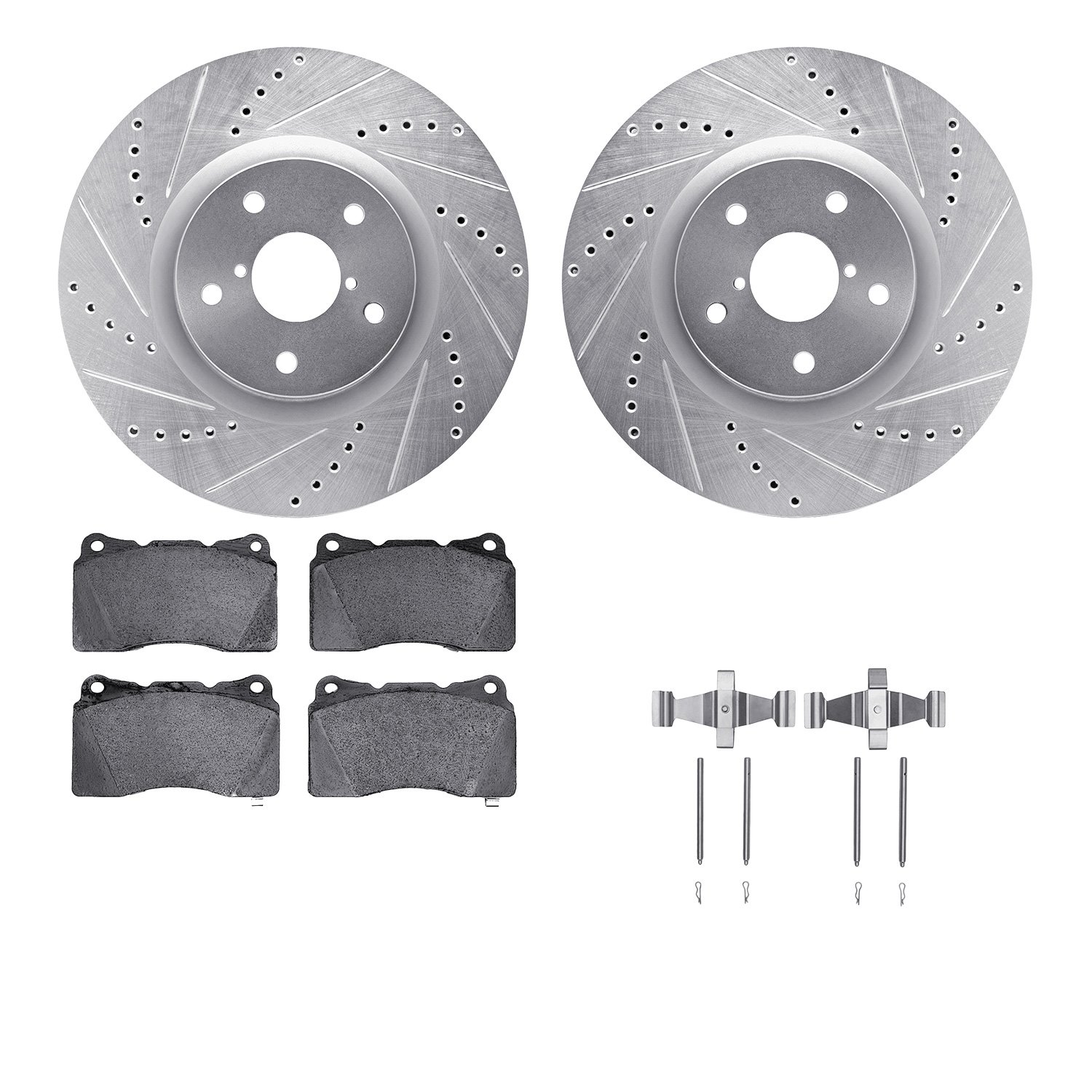 7612-13004 Drilled/Slotted Brake Rotors w/5000 Euro Ceramic Brake Pads Kit & Hardware [Silver], 2005-2020 Subaru, Position: Fron