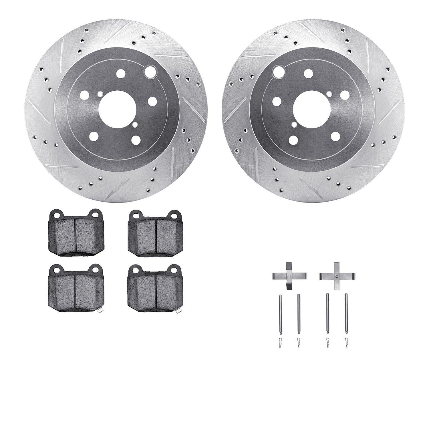 7612-13007 Drilled/Slotted Brake Rotors w/5000 Euro Ceramic Brake Pads Kit & Hardware [Silver], 2008-2020 Subaru, Position: Rear