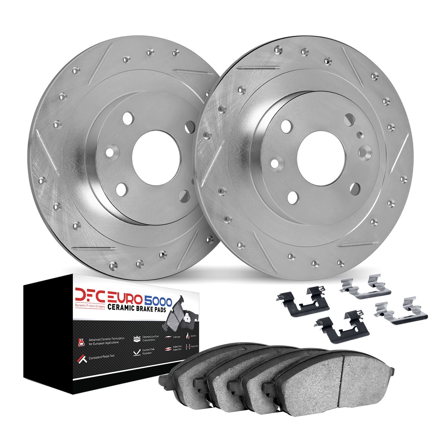 7612-14000 Drilled/Slotted Brake Rotors w/5000 Euro Ceramic Brake Pads Kit & Hardware [Silver], 1972-1972 Triumph, Position: Fro