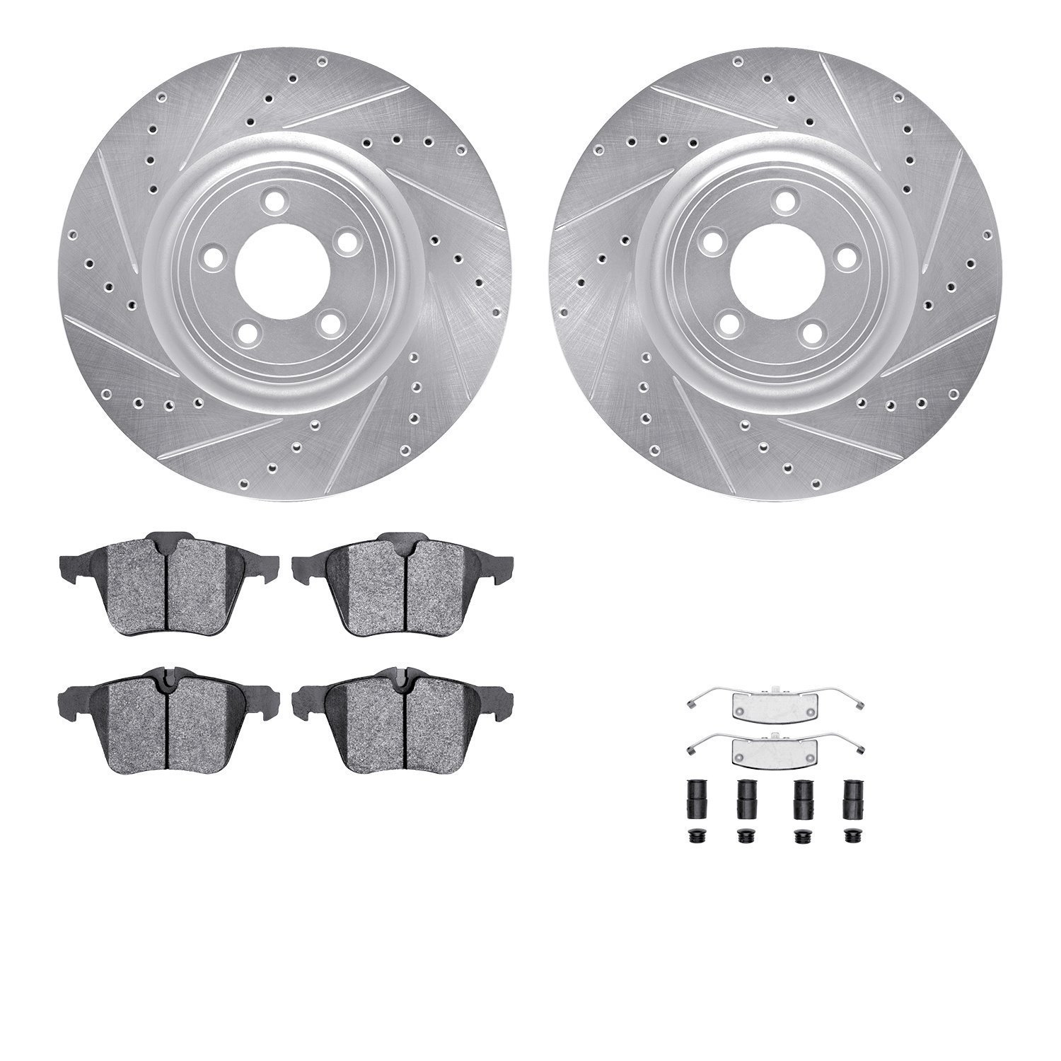 7612-20013 Drilled/Slotted Brake Rotors w/5000 Euro Ceramic Brake Pads Kit & Hardware [Silver], 2009-2015 Jaguar, Position: Fron