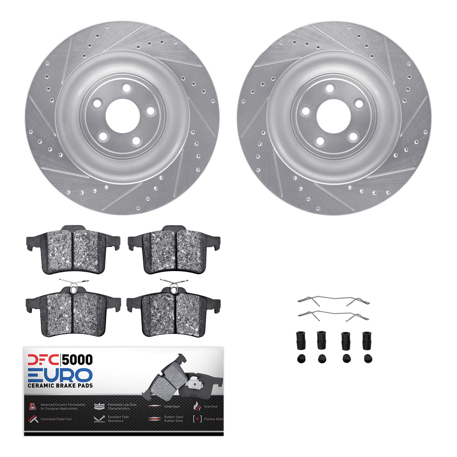 7612-20019 Drilled/Slotted Brake Rotors w/5000 Euro Ceramic Brake Pads Kit & Hardware [Silver], 2010-2017 Jaguar, Position: Rear