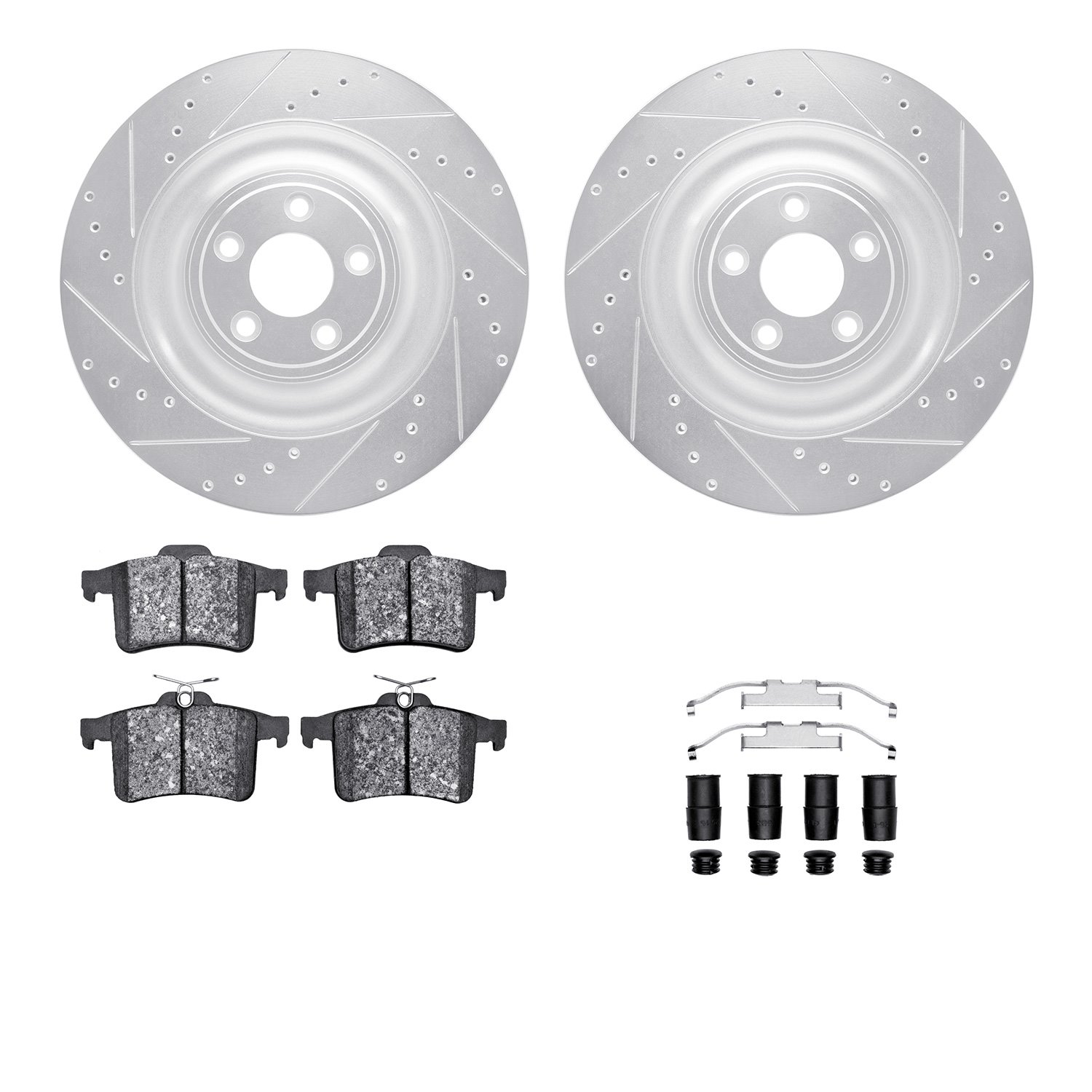7612-20020 Drilled/Slotted Brake Rotors w/5000 Euro Ceramic Brake Pads Kit & Hardware [Silver], 2010-2015 Jaguar, Position: Rear
