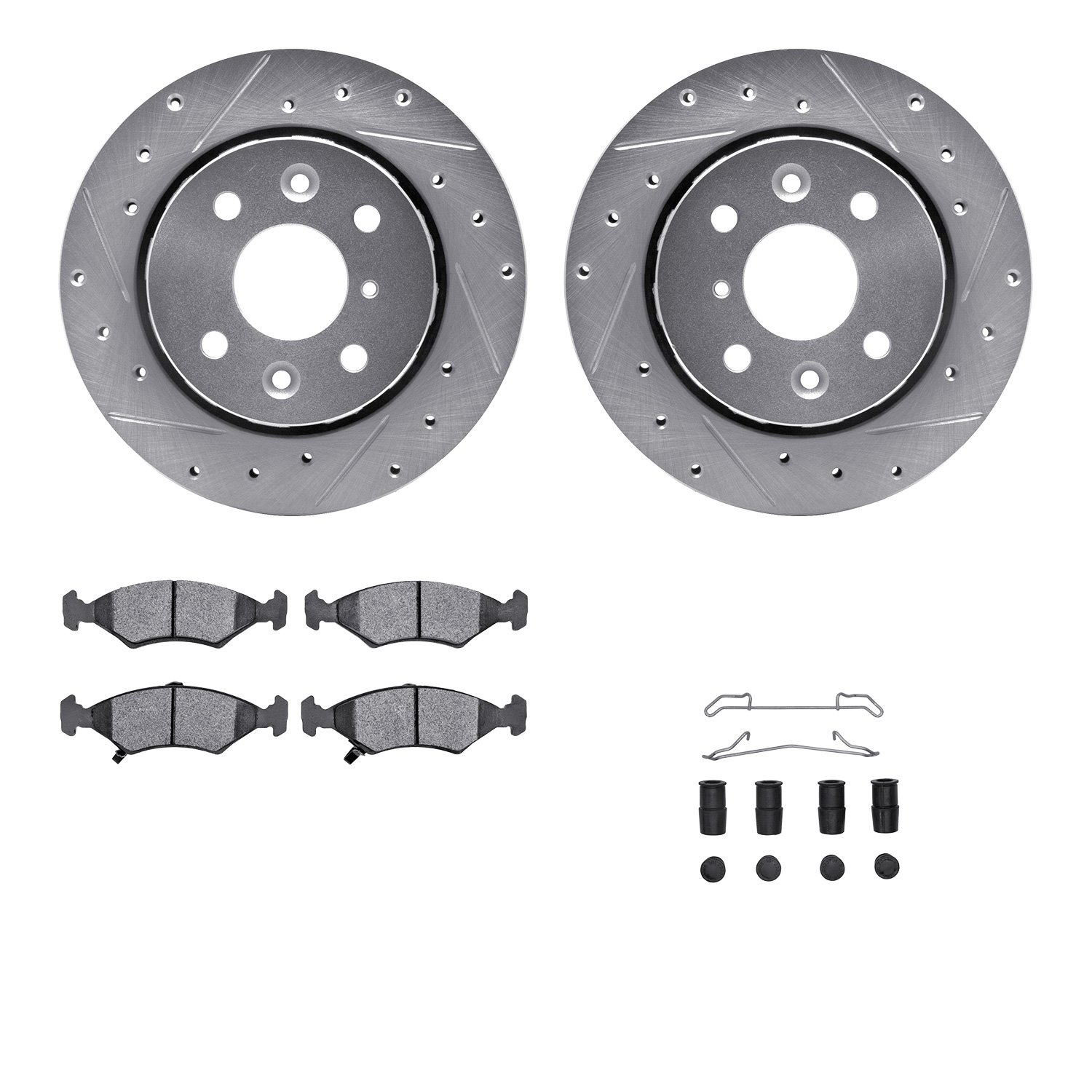 7612-21000 Drilled/Slotted Brake Rotors w/5000 Euro Ceramic Brake Pads Kit & Hardware [Silver], 1994-2000 Kia/Hyundai/Genesis, P
