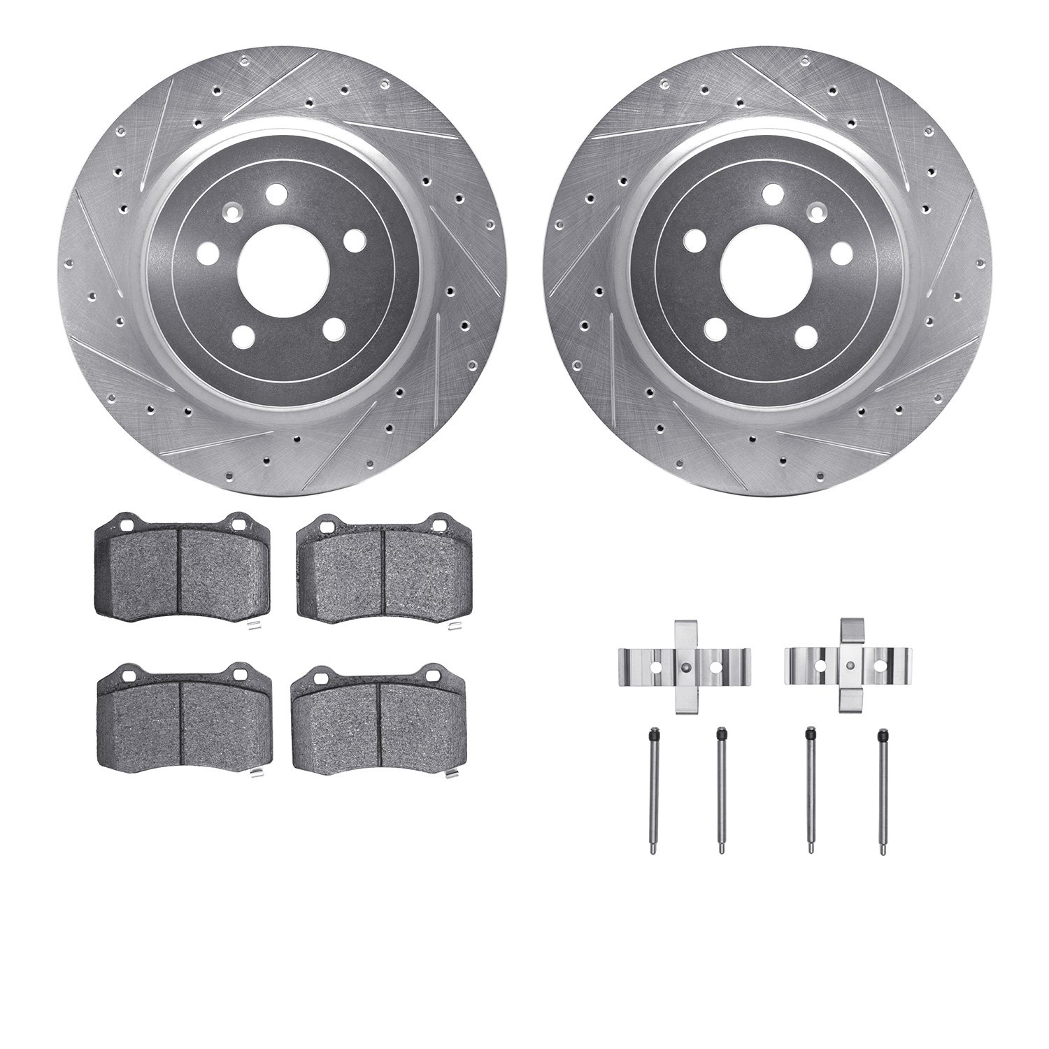 7612-26000 Drilled/Slotted Brake Rotors w/5000 Euro Ceramic Brake Pads Kit & Hardware [Silver], 2012-2020 Tesla, Position: Rear