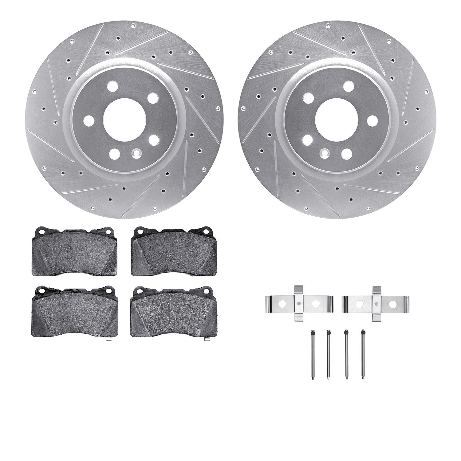 7612-26001 Drilled/Slotted Brake Rotors w/5000 Euro Ceramic Brake Pads Kit & Hardware [Silver], 2014-2021 Tesla, Position: Front
