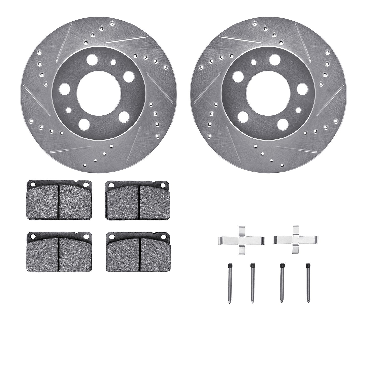 7612-27006 Drilled/Slotted Brake Rotors w/5000 Euro Ceramic Brake Pads Kit & Hardware [Silver], 1976-1984 Volvo, Position: Front