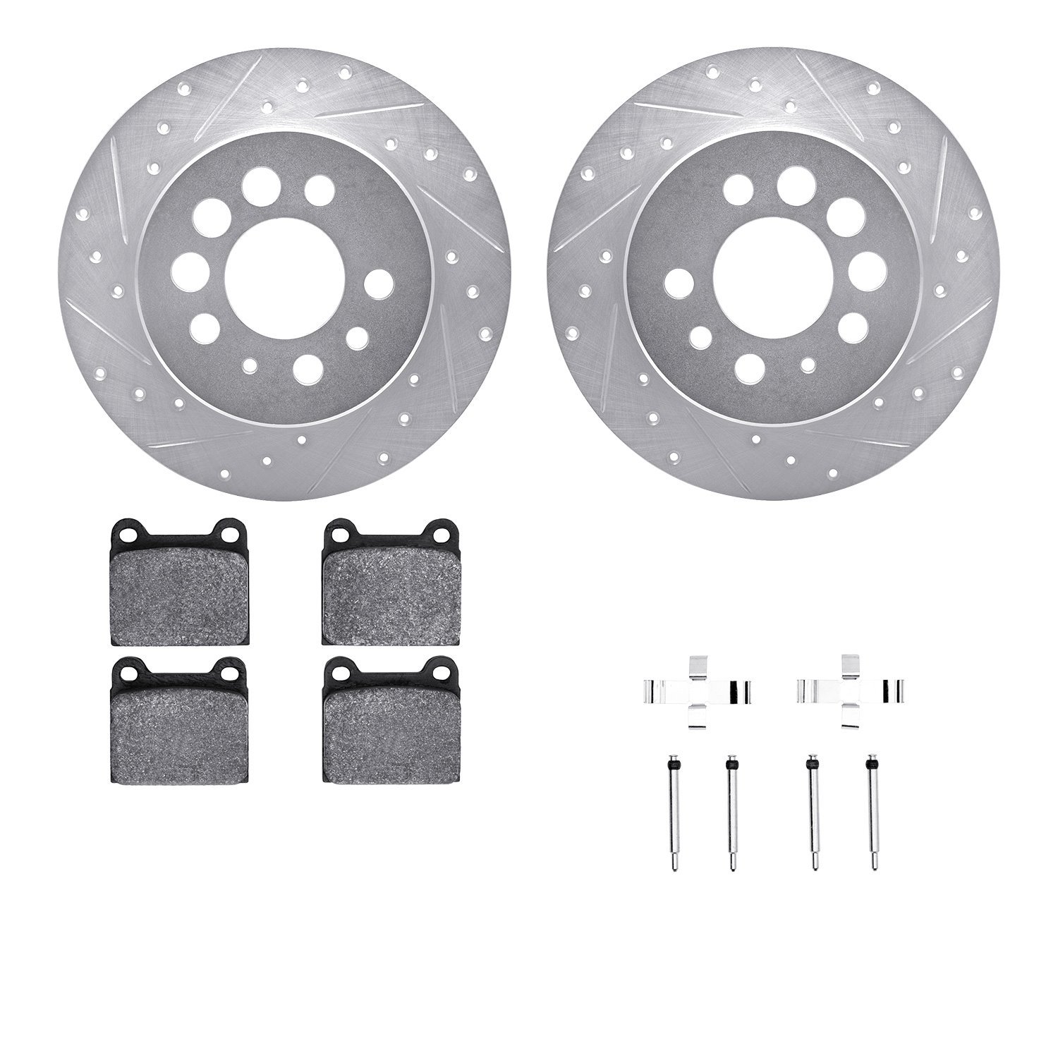 7612-27010 Drilled/Slotted Brake Rotors w/5000 Euro Ceramic Brake Pads Kit & Hardware [Silver], 1974-1975 Volvo, Position: Rear