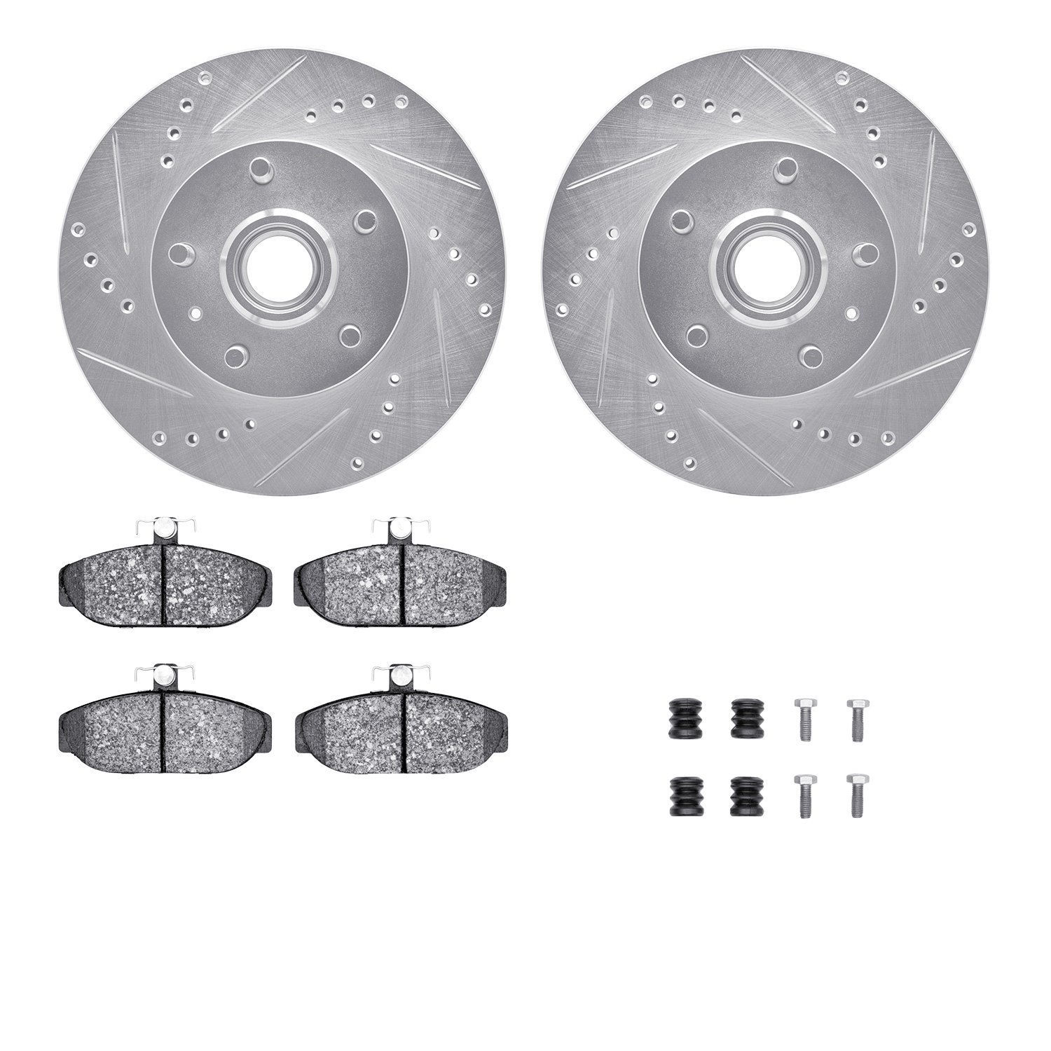 7612-27013 Drilled/Slotted Brake Rotors w/5000 Euro Ceramic Brake Pads Kit & Hardware [Silver], 1983-1987 Volvo, Position: Front