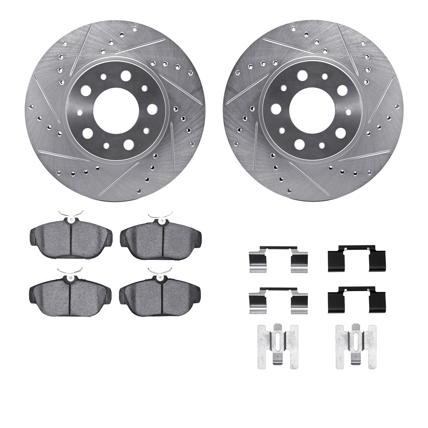 7612-27021 Drilled/Slotted Brake Rotors w/5000 Euro Ceramic Brake Pads Kit & Hardware [Silver], 1995-1998 Volvo, Position: Front