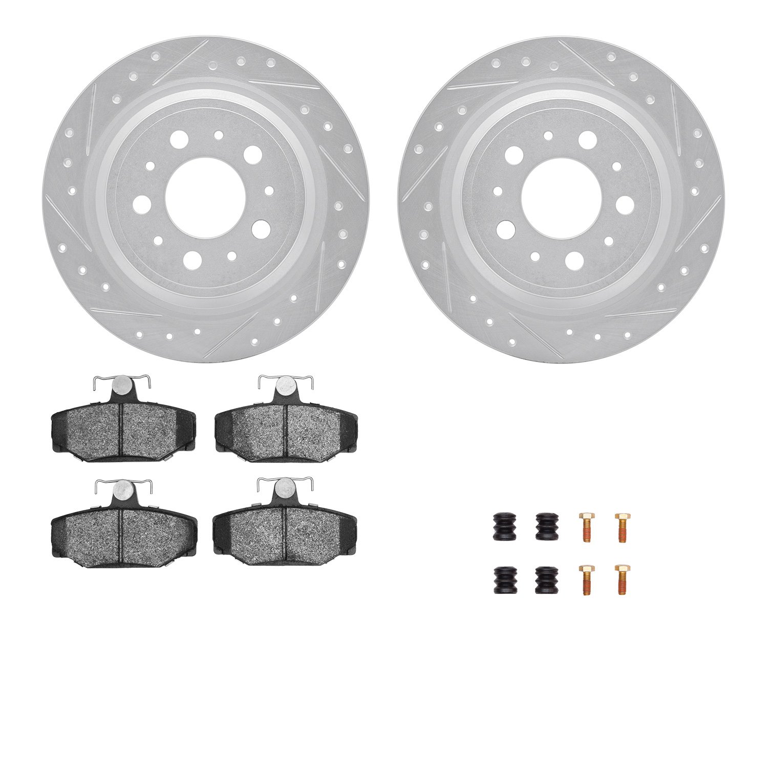 7612-27028 Drilled/Slotted Brake Rotors w/5000 Euro Ceramic Brake Pads Kit & Hardware [Silver], 1998-2000 Volvo, Position: Rear