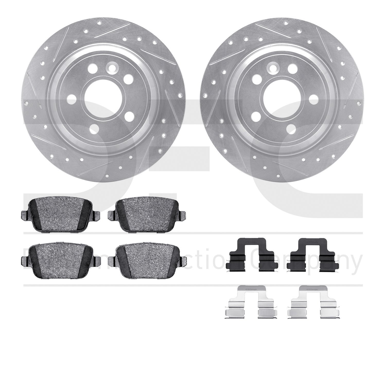 7612-27037 Drilled/Slotted Brake Rotors w/5000 Euro Ceramic Brake Pads Kit & Hardware [Silver], 2007-2010 Volvo, Position: Rear