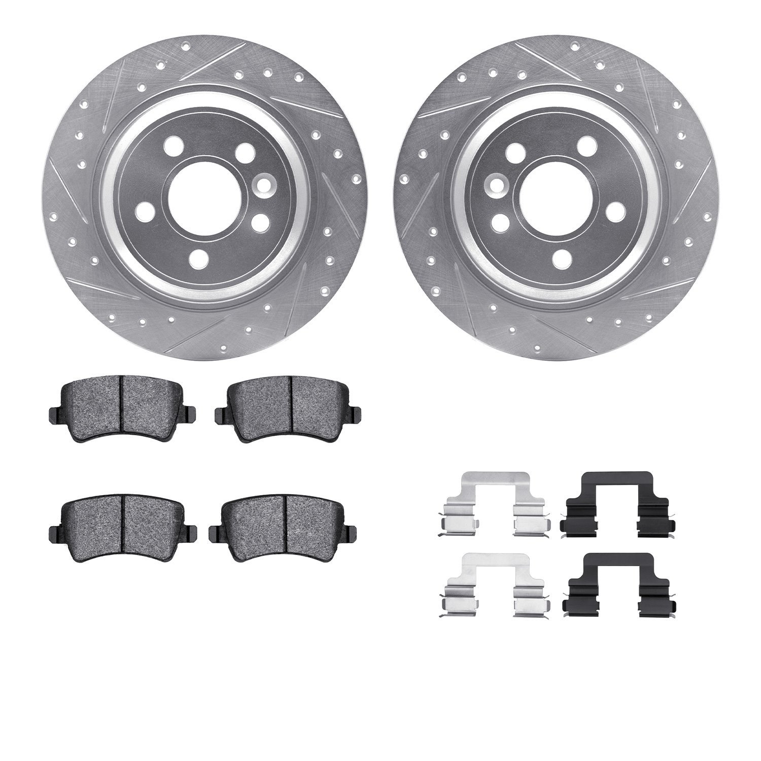 7612-27038 Drilled/Slotted Brake Rotors w/5000 Euro Ceramic Brake Pads Kit & Hardware [Silver], 2018-2018 Volvo, Position: Rear